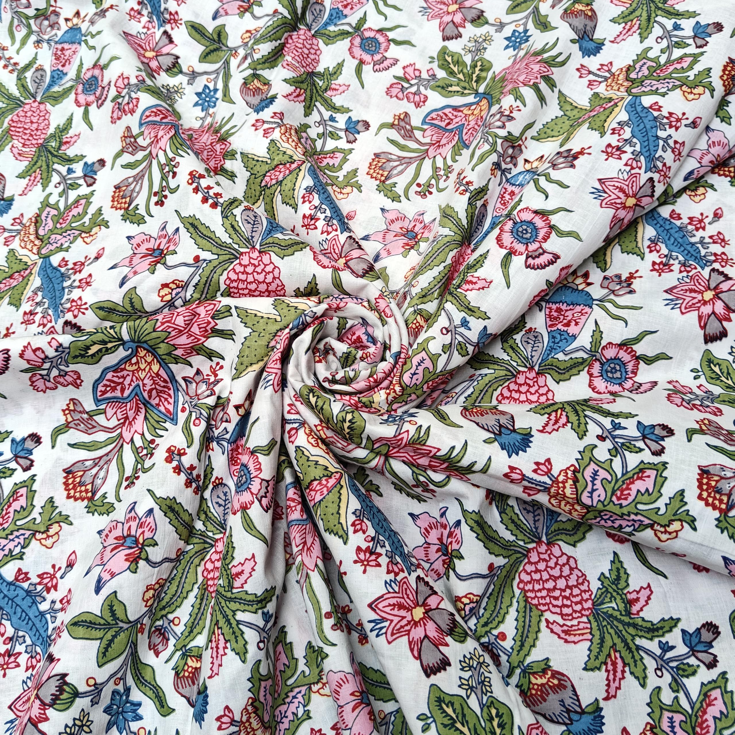 Printed Cotton Cloth White Floral Materiel Natural Running Fabric Jaipuri Hand Block Printed Women Dress Material Kurtis Natural 43" Inches Width (2.5 Meter)-image-21