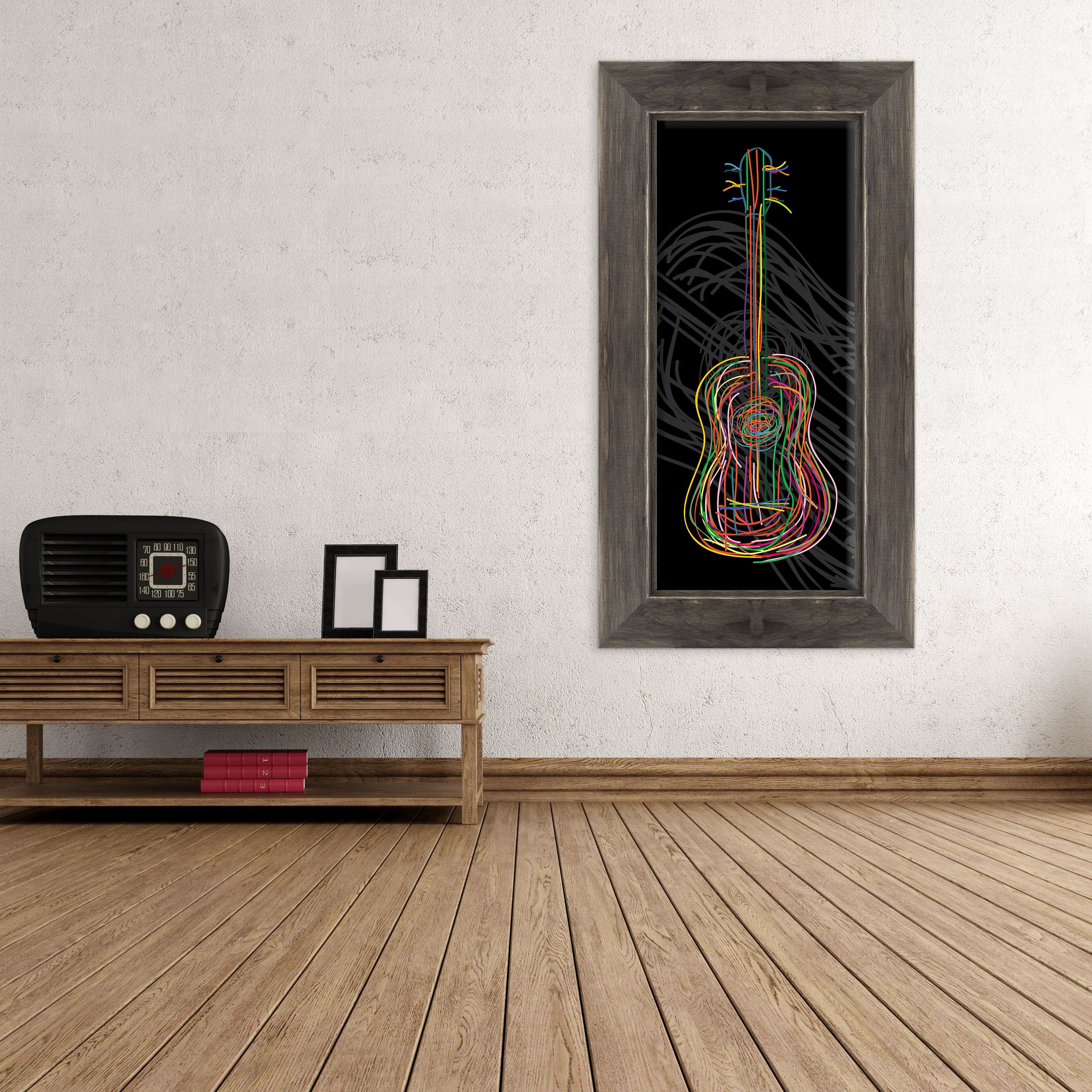 Quadro PANORAMICO su Tela Canvas INTELAIATO - con Cornice - Chitarra - Musica Arte - Deejay Set - Pop Jazz Rock Blues - Graphic Design - 40x100cm - Stile Country Nero Shabby - (cod.247)