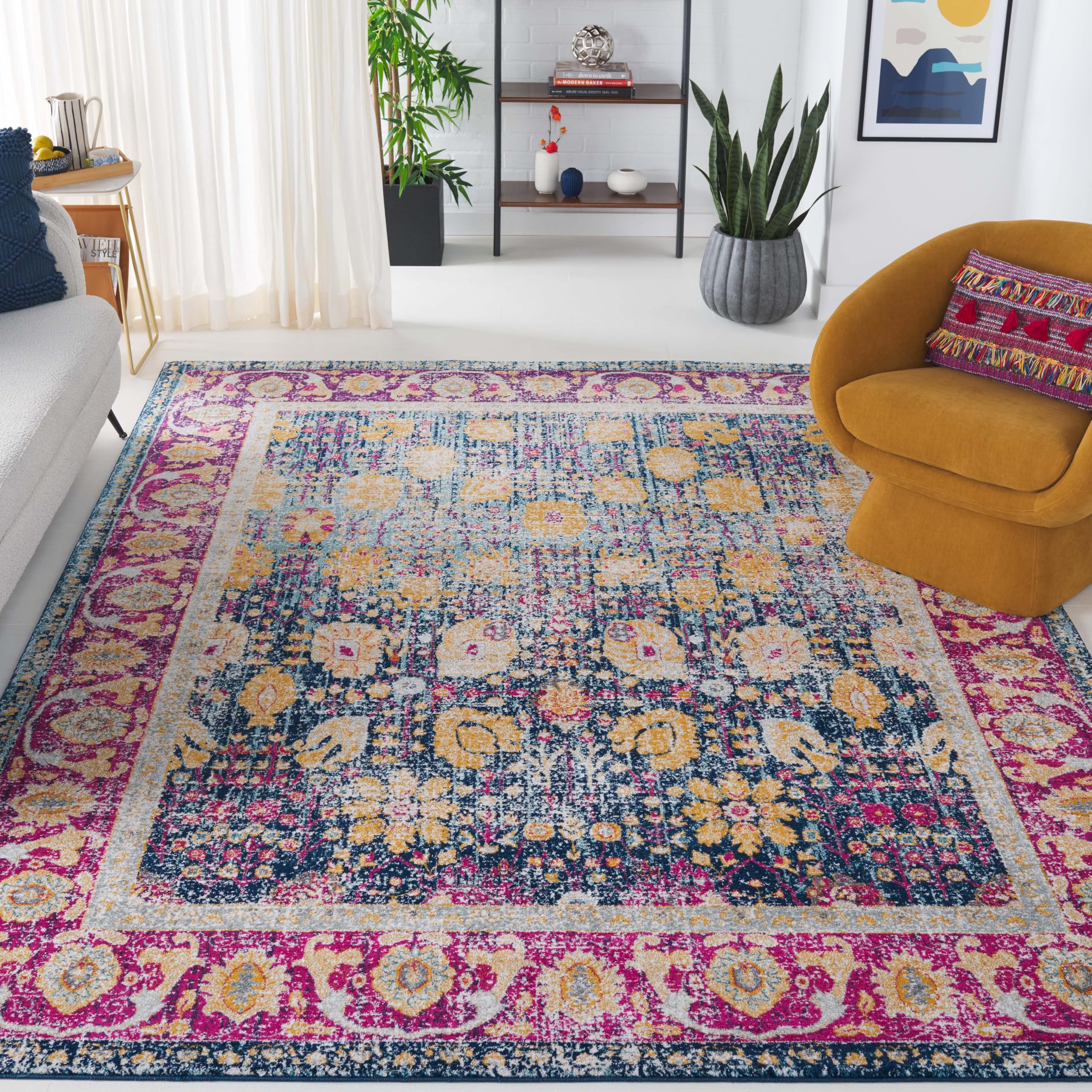 SAFAVIEH Granada Collection 9' x 12' Blue / Fuchsia GRA350A Boho Chic Distressed Non-Shedding Living Room Bedroom Dining Home Office Area Rug