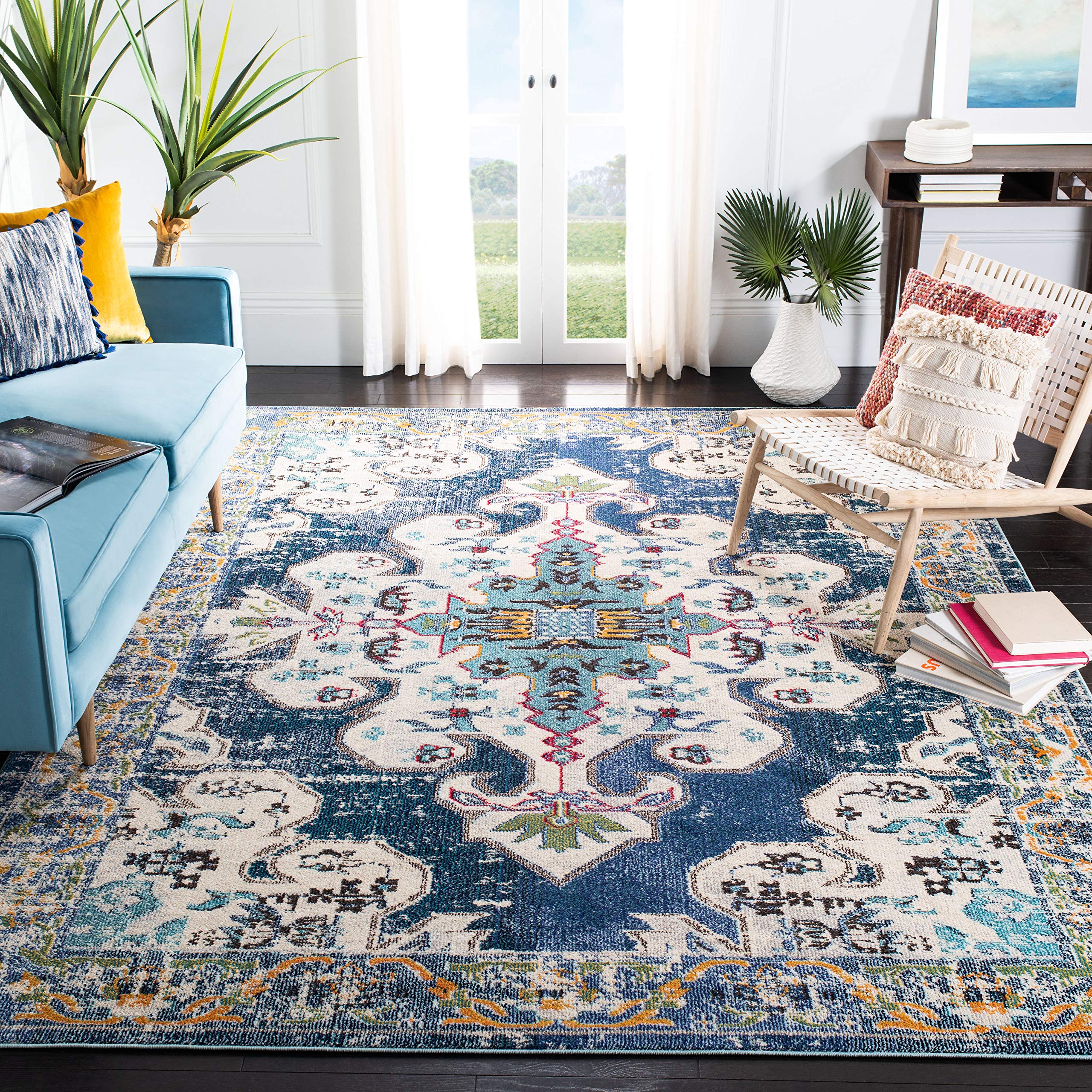 SAFAVIEHArea Rug 8x10 - Madison Collection - Large - Navy & Grey, Boho Chic Medallion Distressed Design, Non-Shedding & Easy Cleaning, Ideal for Living Room, Bedroom, Office, Dining Space (MAD452M)