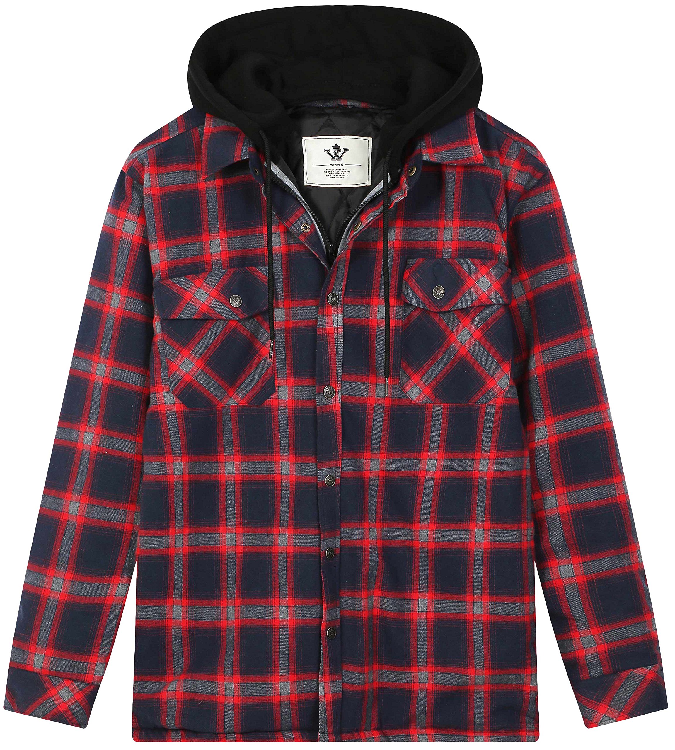 WenVen Men's Thicken Plaid Flannel Quilted Shirts Jacket with Removable Hood