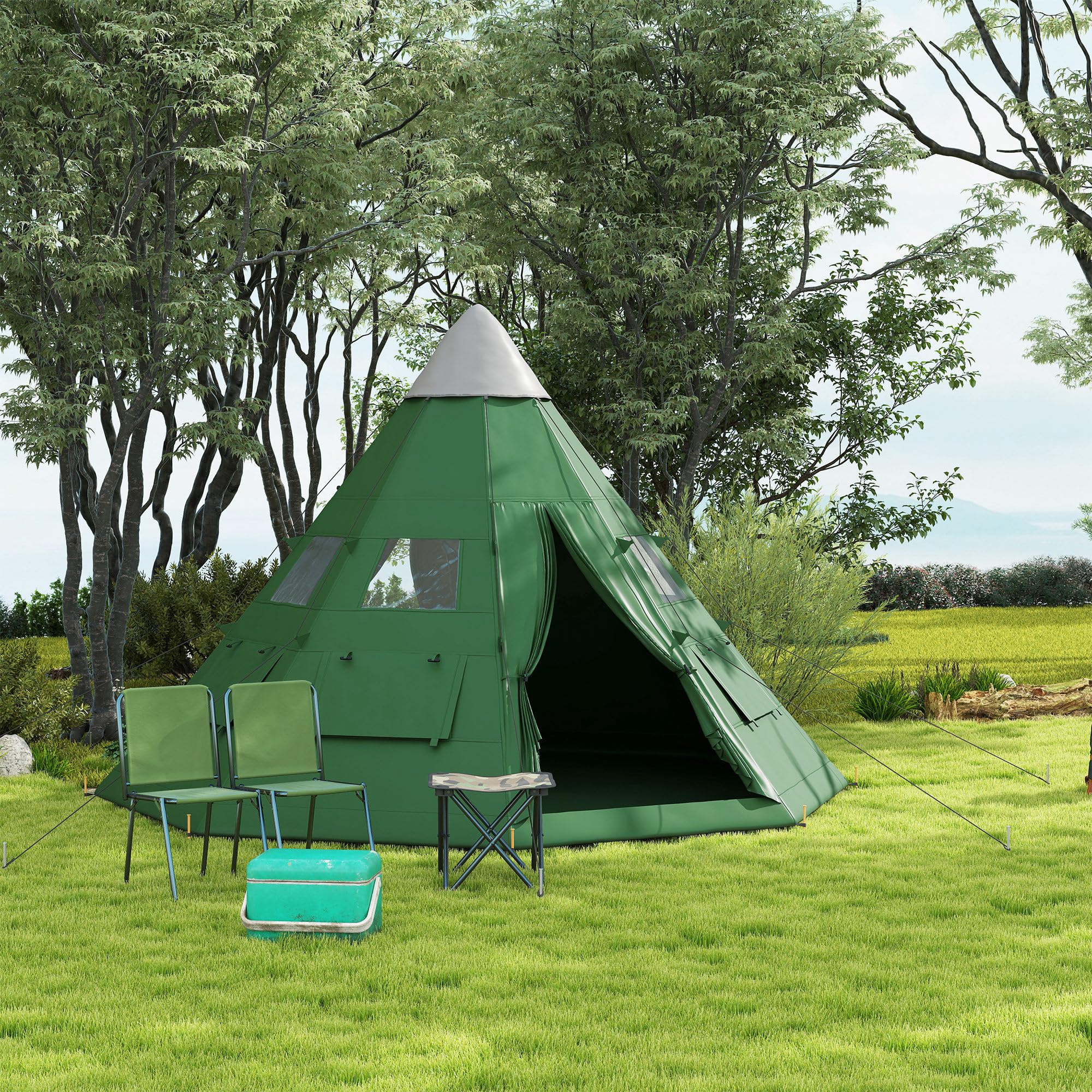 Outsunny Tente Tipi pour 6 hommes, avec fenêtres en maille, sol cousu, deux portes et sac de transport, installation facile, pour randonnée, pique-nique, nuit en plein air