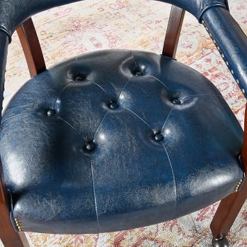 Dining Chairs with Wheels and Arm, Caster Boss Captain's Chairs with Solid Wood Leg, Office Desk Chairs with Button Upholstered, Classic Swivel Chair, 31.5H Cherry Walnut Leg & Blue SY1533LB