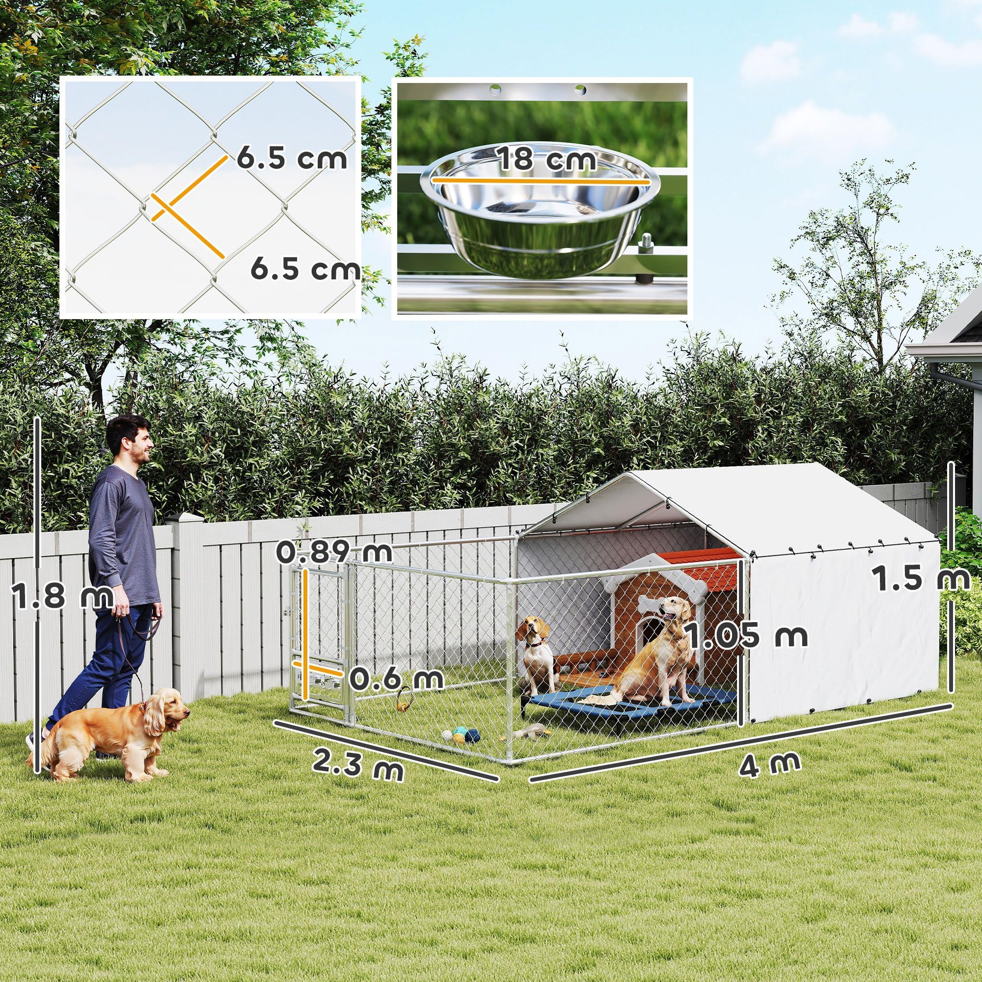 PawHut Kennel Clôture pour chiens d'extérieur avec toit anti-UV imperméable et bols rotatifs, boîte de rangement pour chiens de taille moyenne et grande avec porte avec verrouillage en acier, 400 x