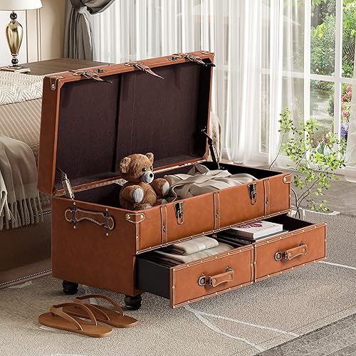 Miniatura 6 de COZAYH Banco de almacenamiento vintage tapizado, banco de cama estilo mediados de siglo, otomana de almacenamiento de piel sintética, acento, baúl