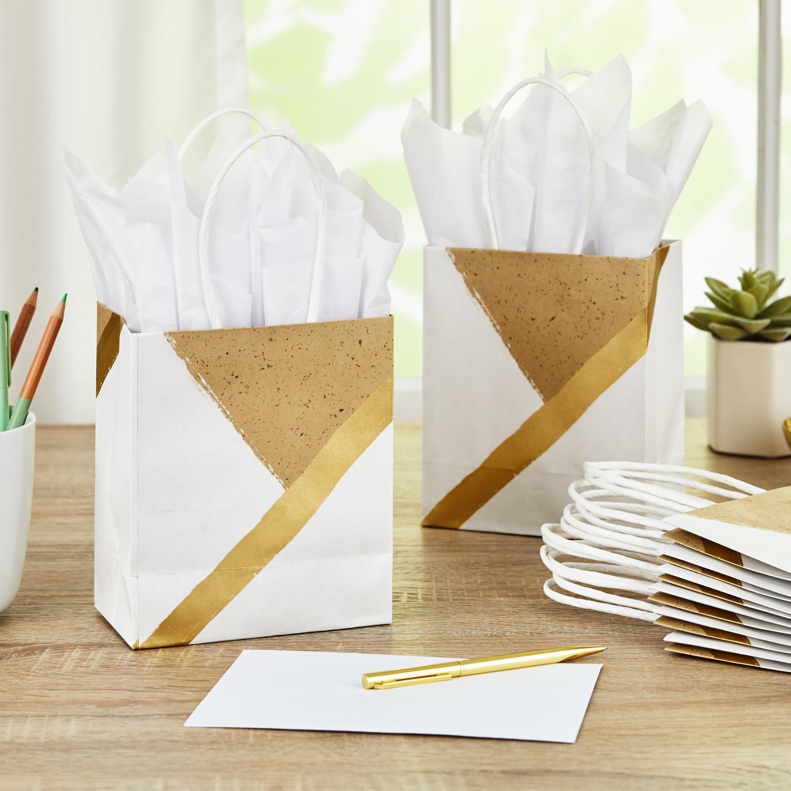 Hallmark 6" Small Paper Gift Bags, 8-Pack (White and Kraft) for Valentine's Day, Birthdays, Weddings, Graduations, Baby Showers, Bridal Showers, Care Packages and More