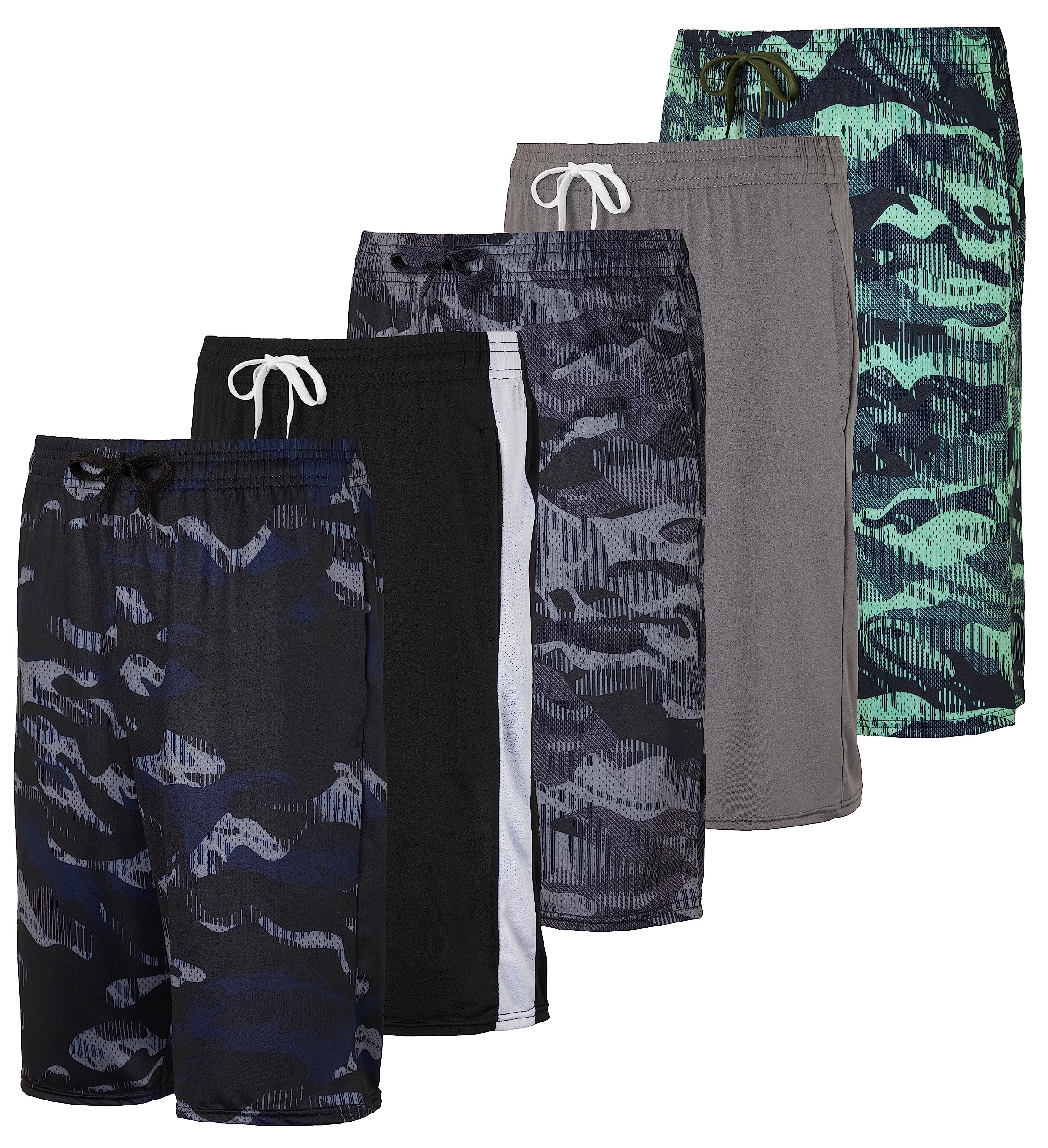 Real Essentials 5-Pack Boys' Dry-Fit Active Athletic Performance Basketball Shorts with Pockets