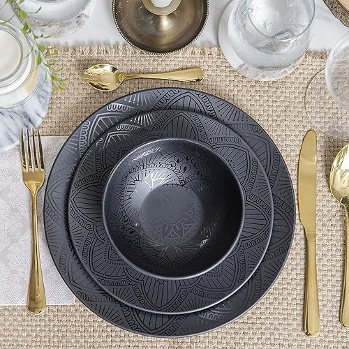 Miniatura 4 de bzyoo Juego de vajilla de melamina negra de 12 piezas, duradero, apto para lavavajillas, platos y cuencos negros, ideal para fiestas, juego de