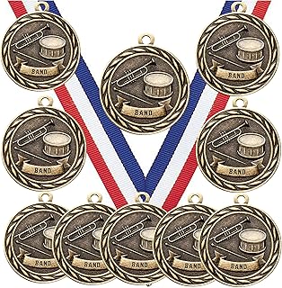 10 Pack of Band Music Gold Medals Trophy Award with Neck Ribbons MA