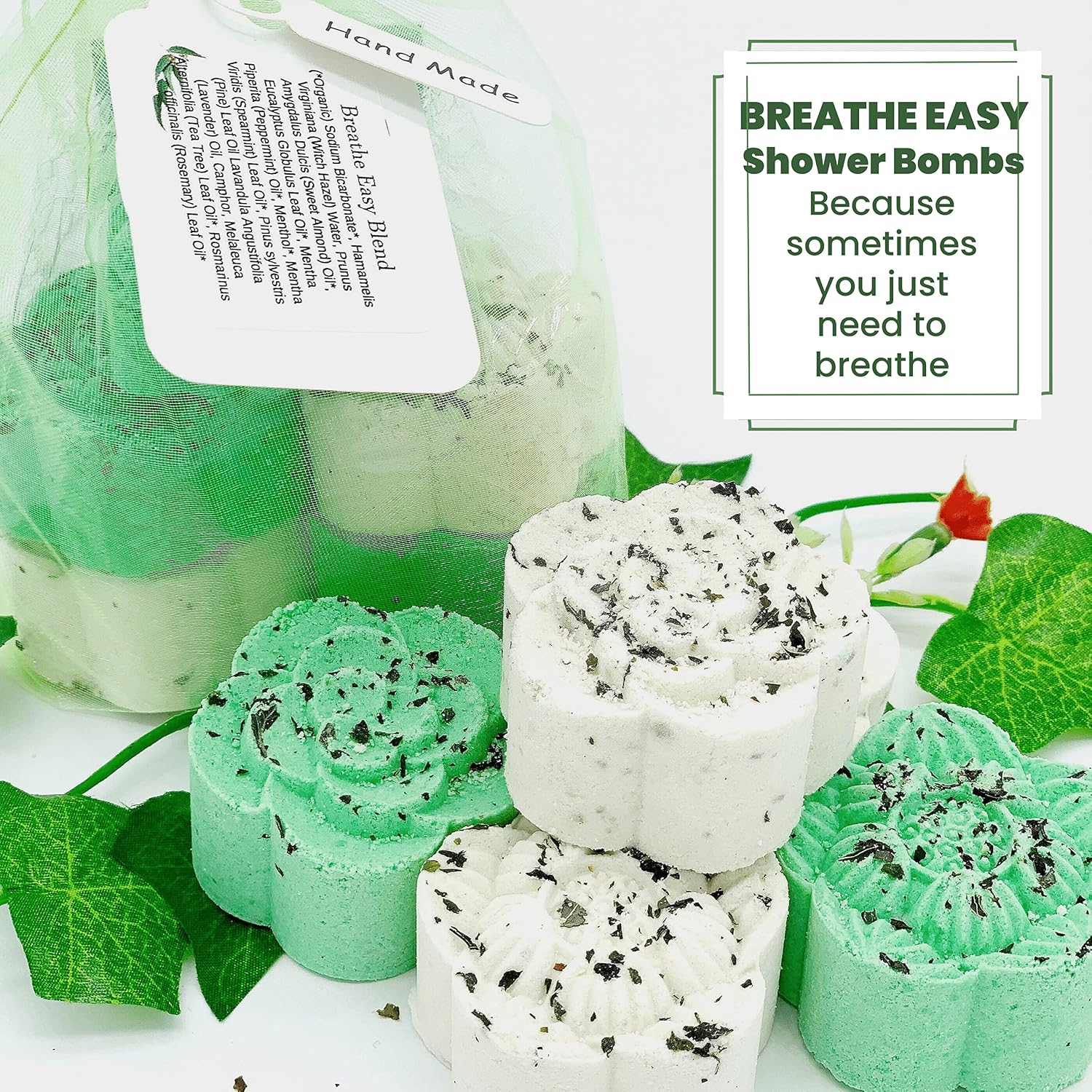 Breathe Easy Aromatherapy Shower Bombs (5PK XTRA STRENGTH) – Menthol, Peppermint, Rosemary Essential Oils – Ease Sinus, Colds, Cough, Congestion – Spa Christmas Gift (Add Shower Bomb Bag)