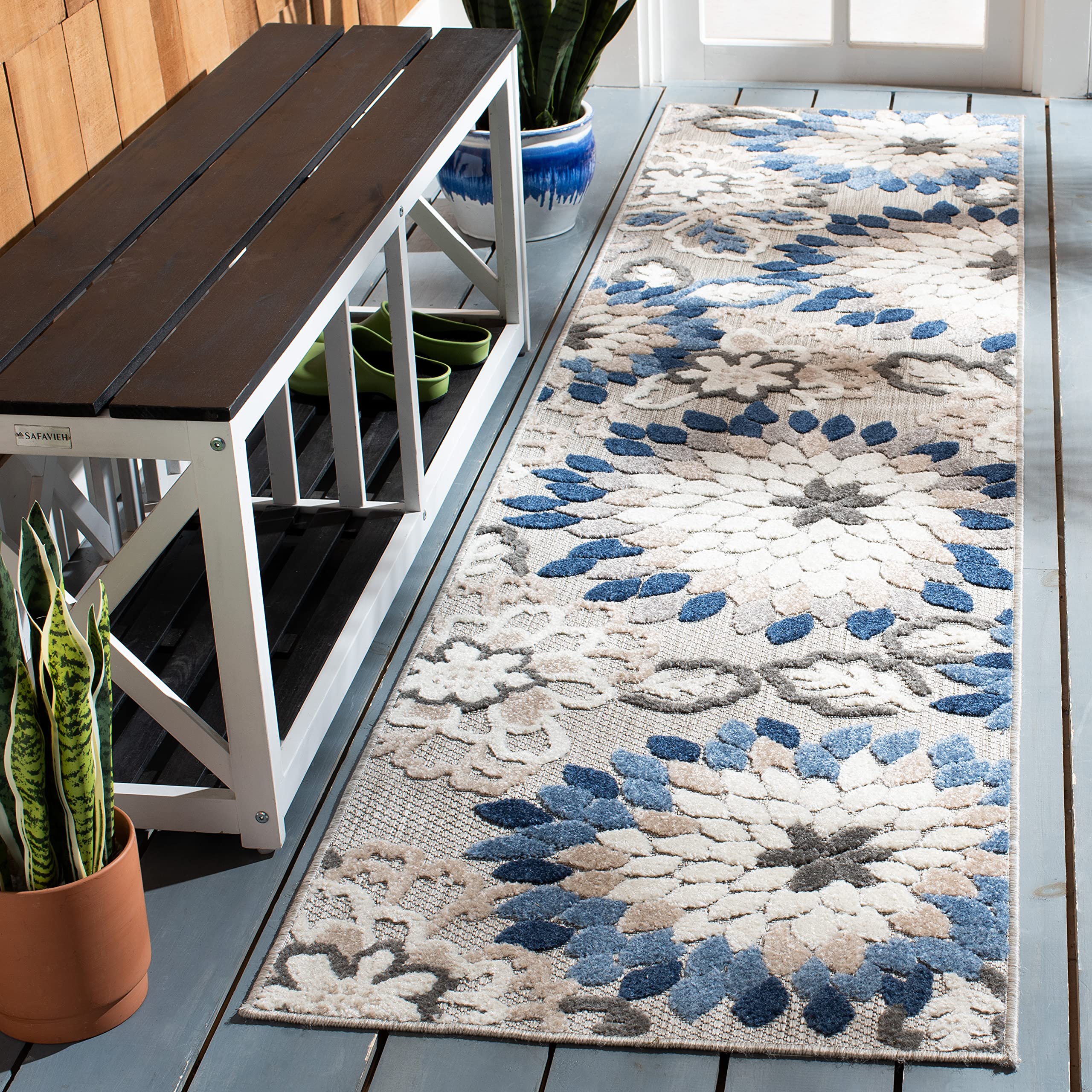 SAFAVIEH Washable Rug Outdoor Cabana Collection - 2'2" x 11' Runner, Grey & Blue, Non-Shedding & Easy to Clean, Ideal for Patio, Backyard, Mudroom (