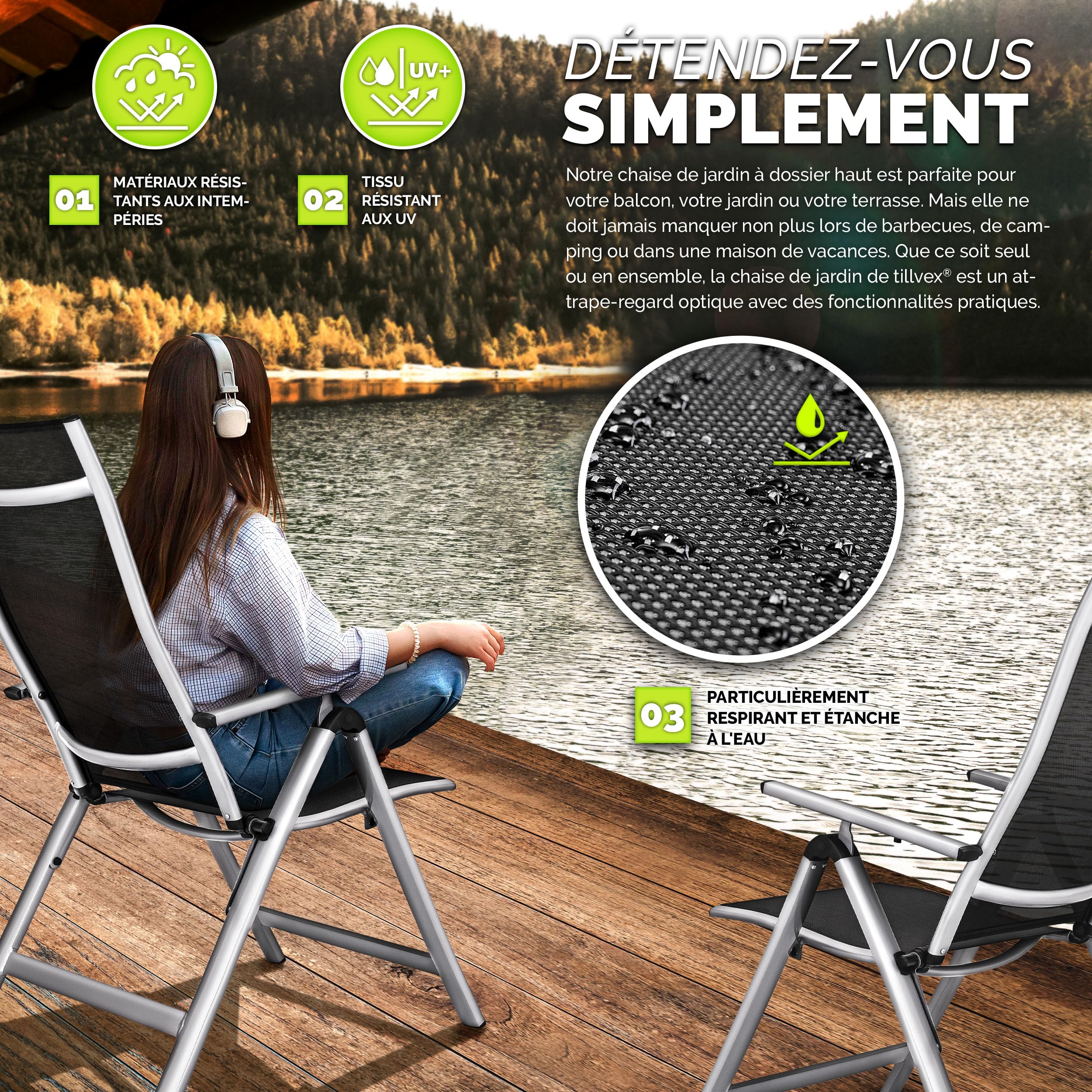 tillvex® Lot de 2 chaises de jardin à dossier haut, pliables, avec