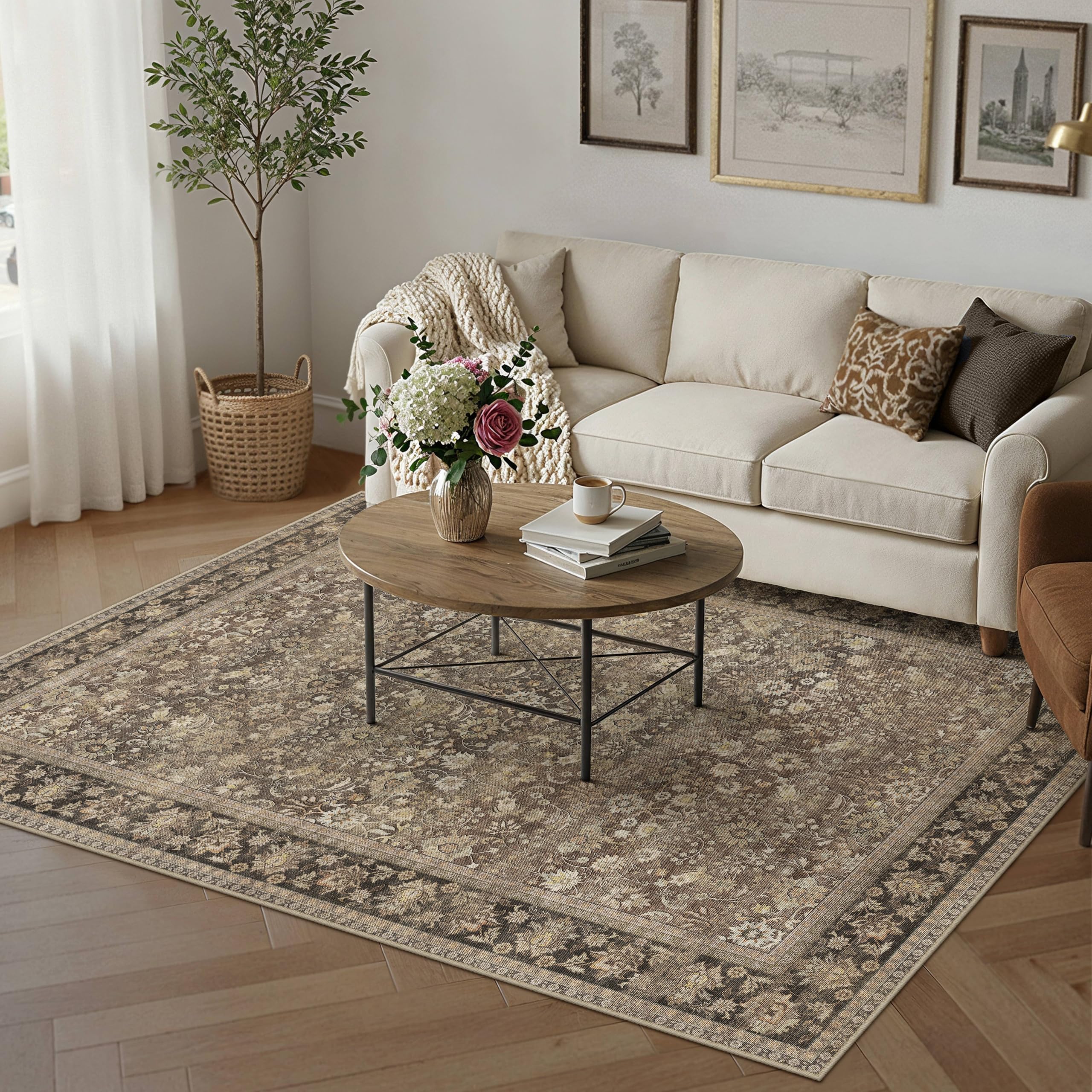 hugear 5x7 machine washable rugs brown hallway area rug indoor accent rug floral low pile carpet soft throw aesthetic rug bedroom living room office dining room kitchen laundry room non slip