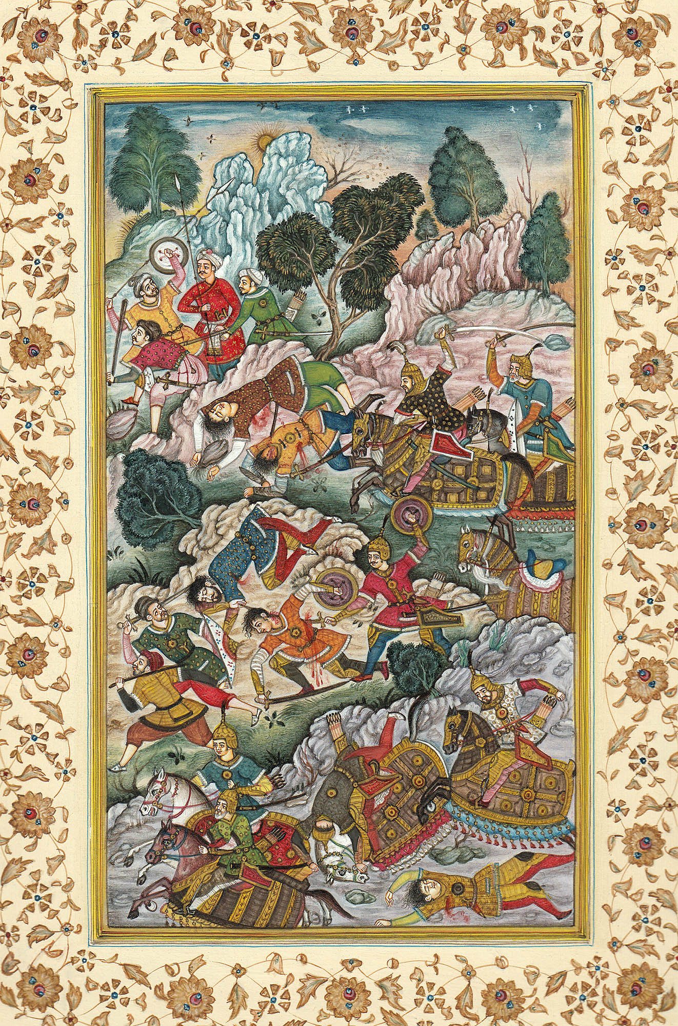 Scène de bataille de l'Akbarnama, peinture miniature indienne Navrang