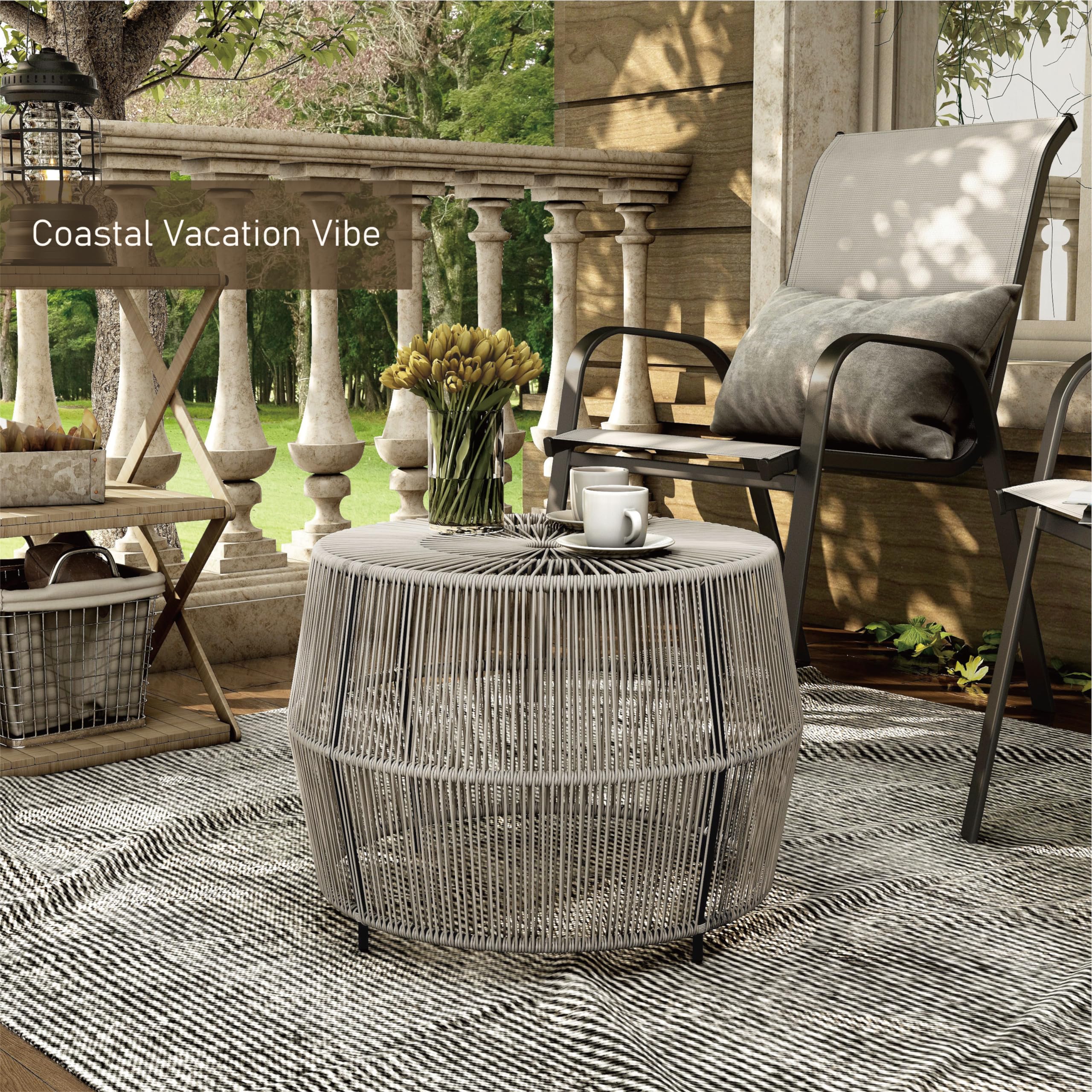 Muse & Lounge Co. Ysar Boho Rattan Round Coffee Table Outdoor with Metal Frame, All-Weather and Rust Resistant, Handcrafted Coastal Furniture for Patio, Poolside, Garden, Yard, Gray