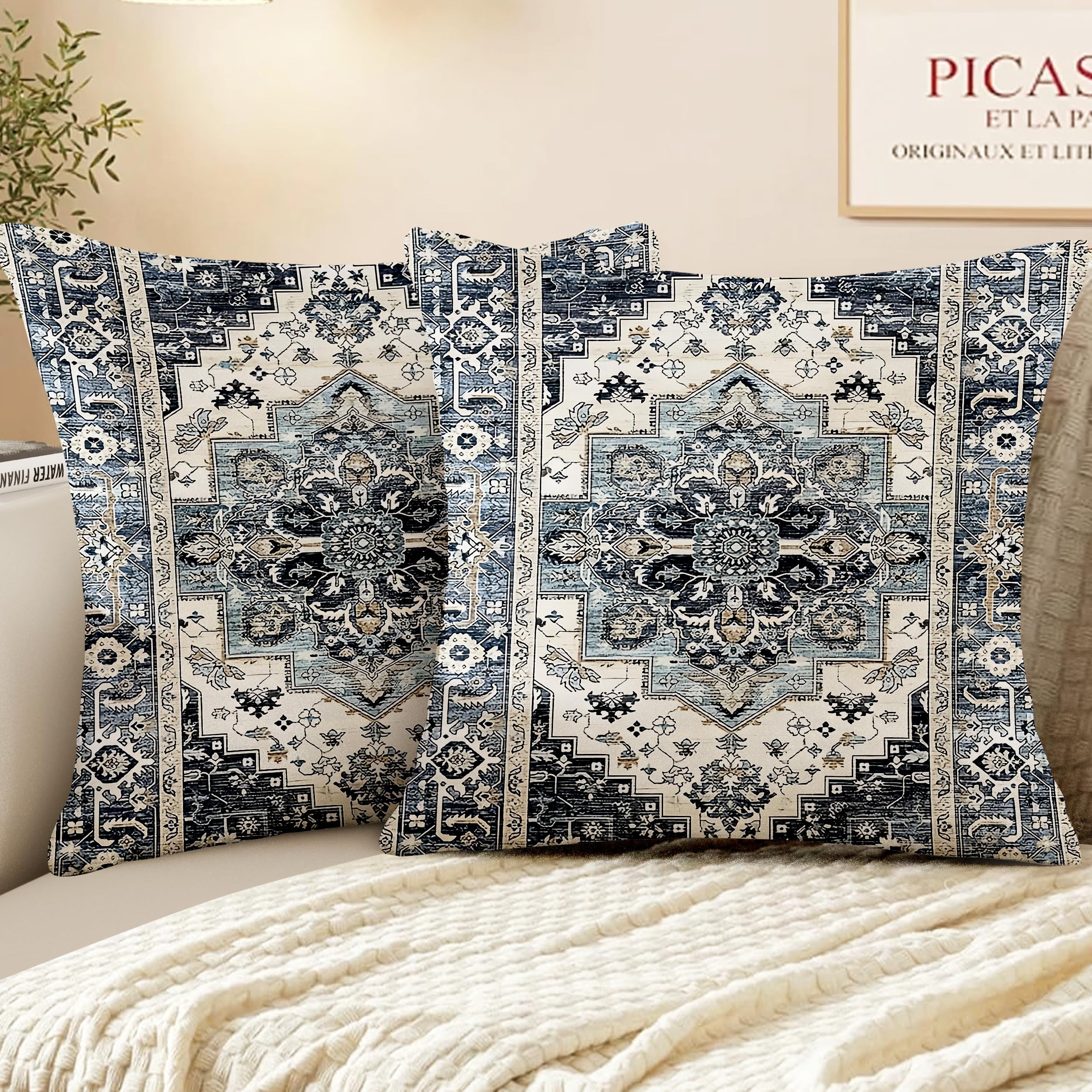 XPHZZL Pack of 2 Bohemian Style Linen Decorative Cushion Covers 65x65 cm Square Throw Pillow Covers 26x26 Inch Boho Style Pillowcases for Outdoor Home Decor Sofa Bedroom Car - Navy Blue