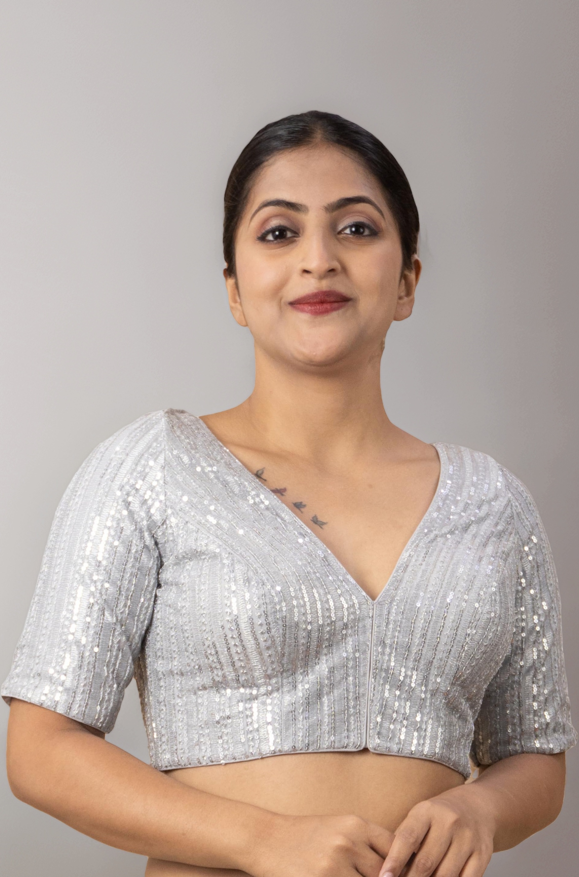 Women's Sequin Embroidered V Neck Elbow Half Sleeve Readymade Saree Blouse Indian Ethnic Designer Stitched Plus Size Top Padded Lavender Pink Blue Silver Black Gold Red Green | E1