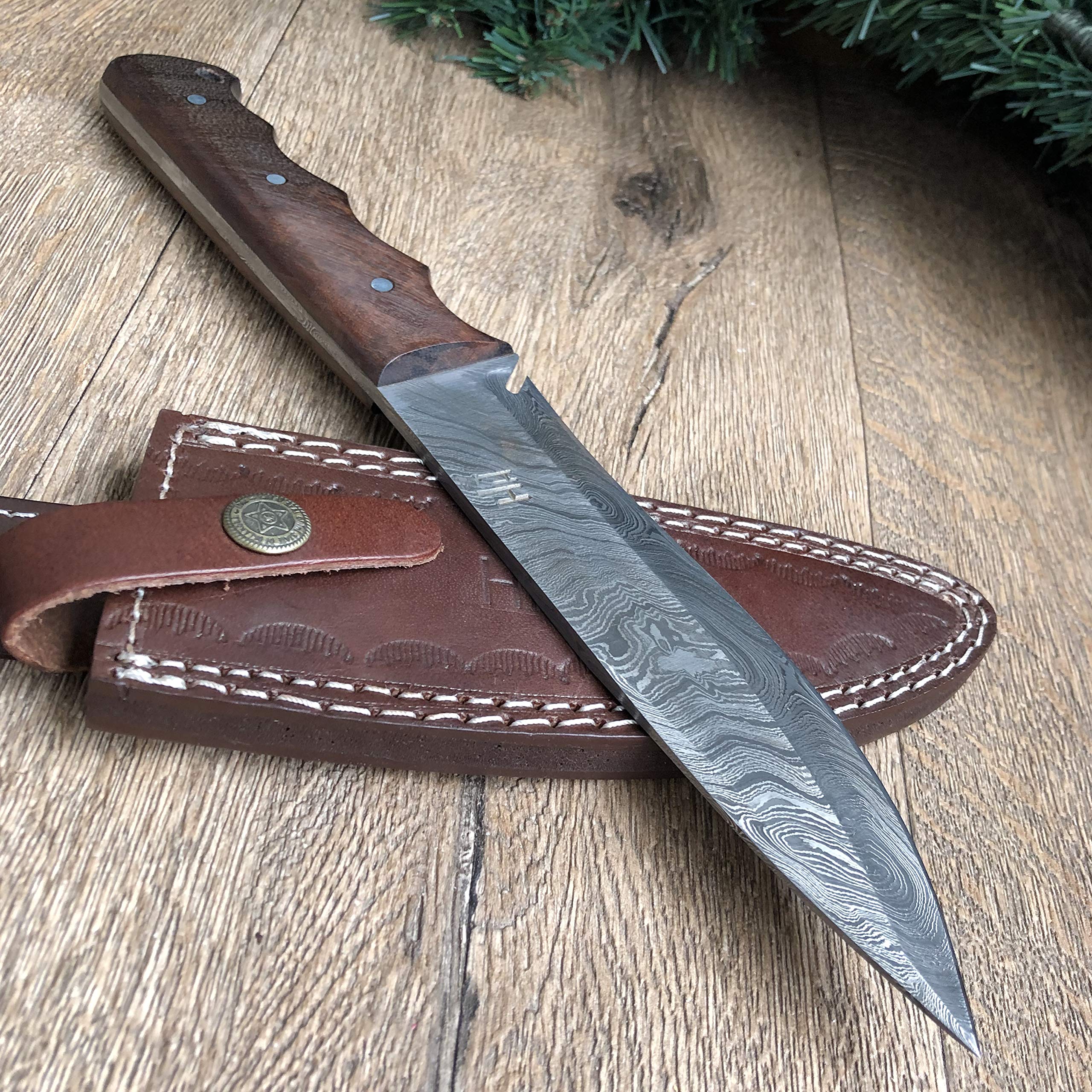Hobby Hut HH-401, 11,5 Pollici Bushcraft Coltello in Acciaio Damasco | Coltello da Caccia, Manico in Legno di Noce | Fodero in Pelle | Lama affilata del Rasoio all'aperto