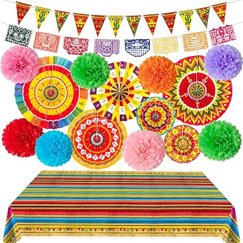 35PCS Mexican Party Decorations Fiesta Themed - Cinco De Mayo Party Supplies Decor for Birthday Wedding Baby Shower - Paper Fans+ Pom Poms+Pennant+Papel Picado Banner+Disposable Table Cover
