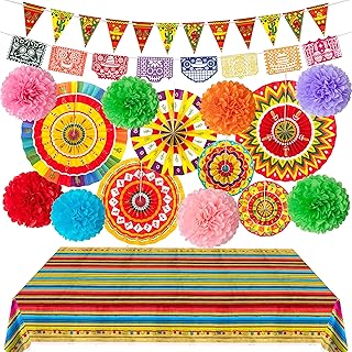 35PCS Mexican Party Decorations Fiesta Themed - Cinco De Mayo Party Supplies Decor for Birthday Wedding Baby Shower - Paper Fans+ Pom Poms+Pennant+Papel Picado Banner+Disposable Table Cover