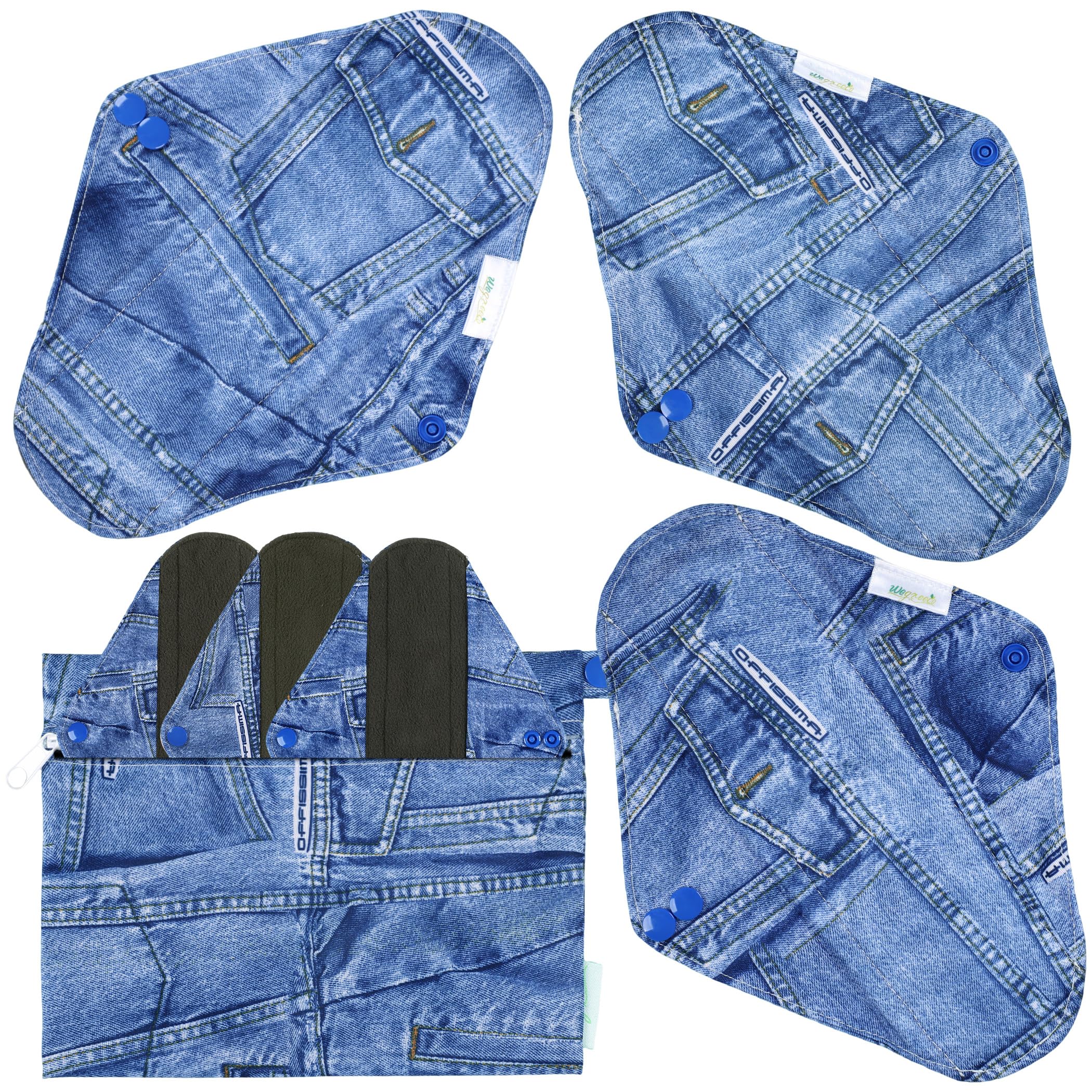 wegreeco Charcoal Reusable Menstrual Pads - Reusable Sanitary Pads | Reusable Panty Liners | Soft Cloth Menstrual - 6 Pack with 1 Cloth Mini Wet Bag (Large, Classic Jeans)
