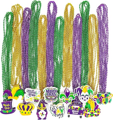 48 piezas de cuentas de Mardi Gras, collar de cuentas de Mardi Gras con colgante, 12 tipos de elementos, accesorios de oro verde, morado, dorado,
