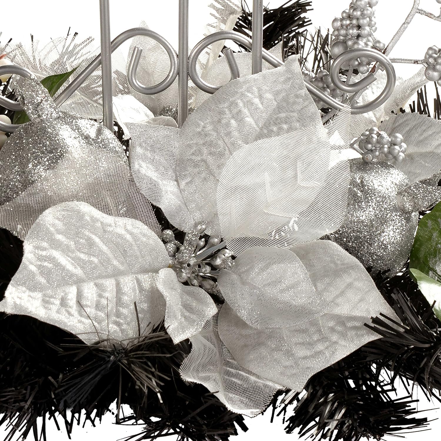 Decorated Table Centre Piece with Single Pillar Candle Holder Christmas Decoration, 22 cm - Black/Silver