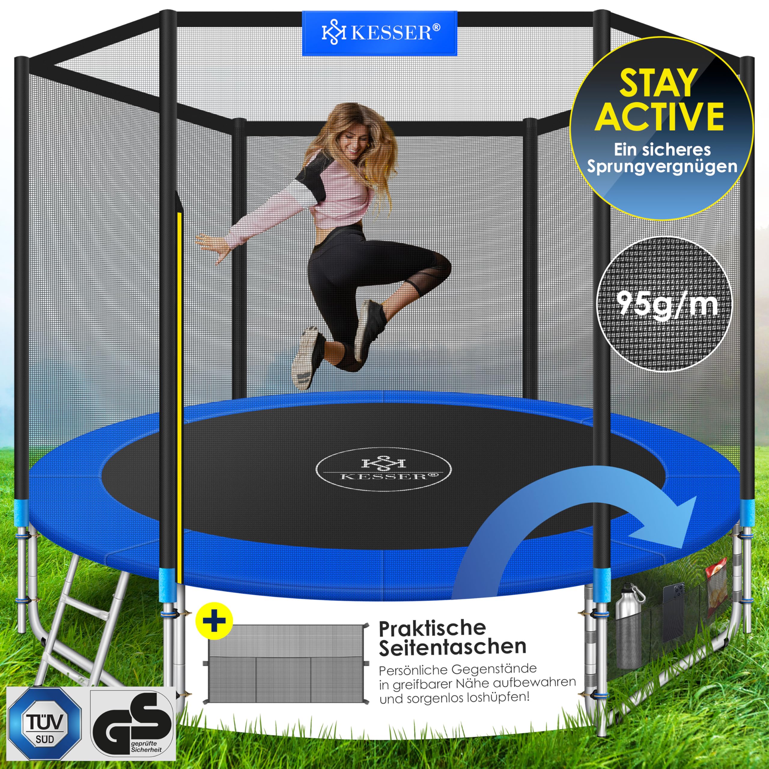 KESSER® Trampolin Outdoor Ø244/305/366/427cm Gartentrampolin Kinder Trampolin Komplettset + Sicherheitsnetz, Leiter & Familien Trampolin für Garten + Seitentasche & Montageset, belastbar bis 150kg