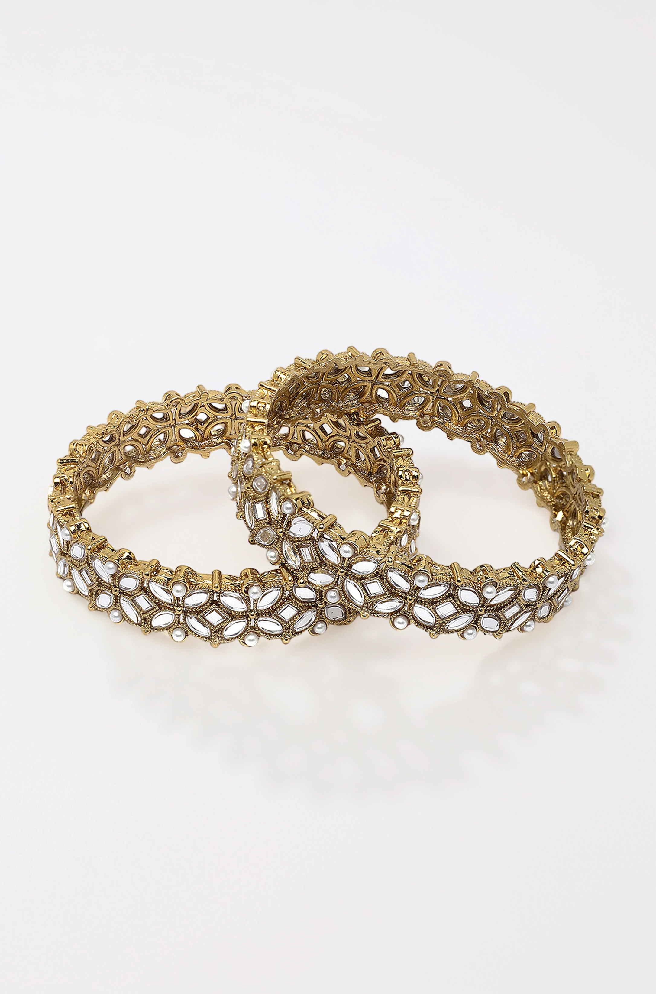 ZENEME Gold-Plated White Kundan studded Designer Floral Style Bangles Jewellery Set for Girls and Women (Set Of 2)