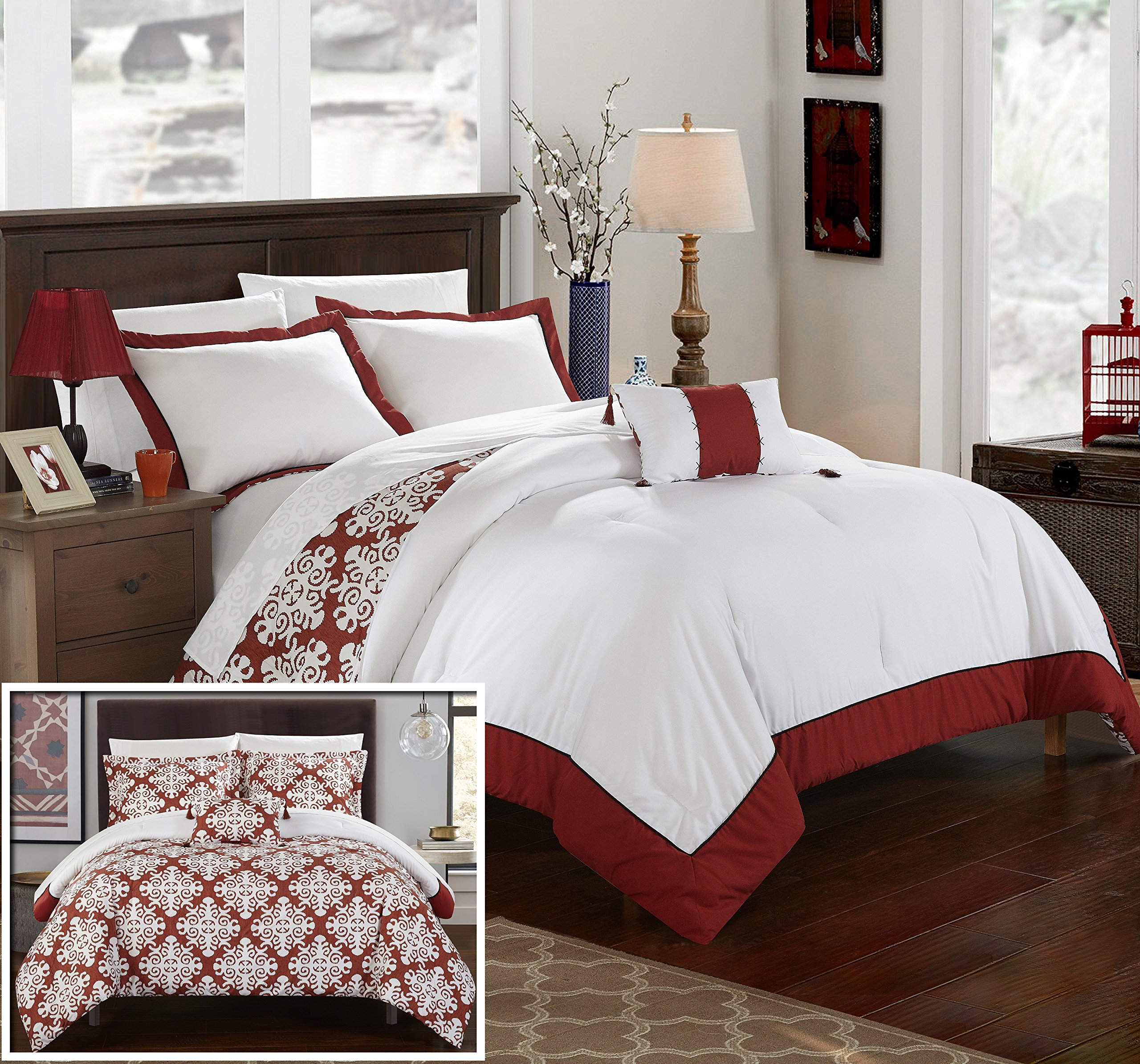 Chic Home DS2068-AN 4 Piece Trina and White Reversible Medallion Printed Plush Hotel Collection Cover Set, Queen Duvet, Marsala