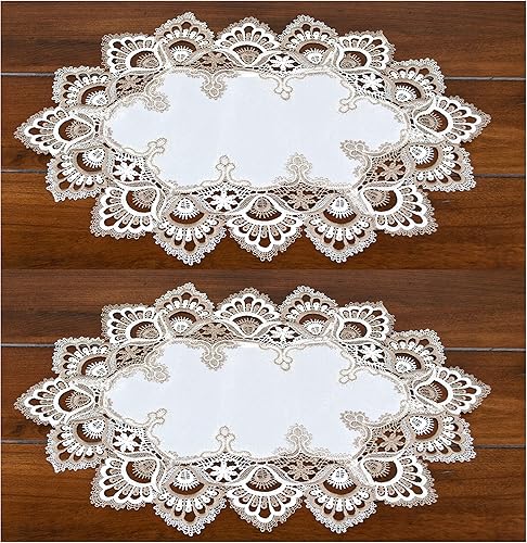 Manteles individuales de encaje europeo neutro y blanco con tono tierra de cacao (12 pulgadas de ancho x 21 pulgadas de largo, juego de 2)