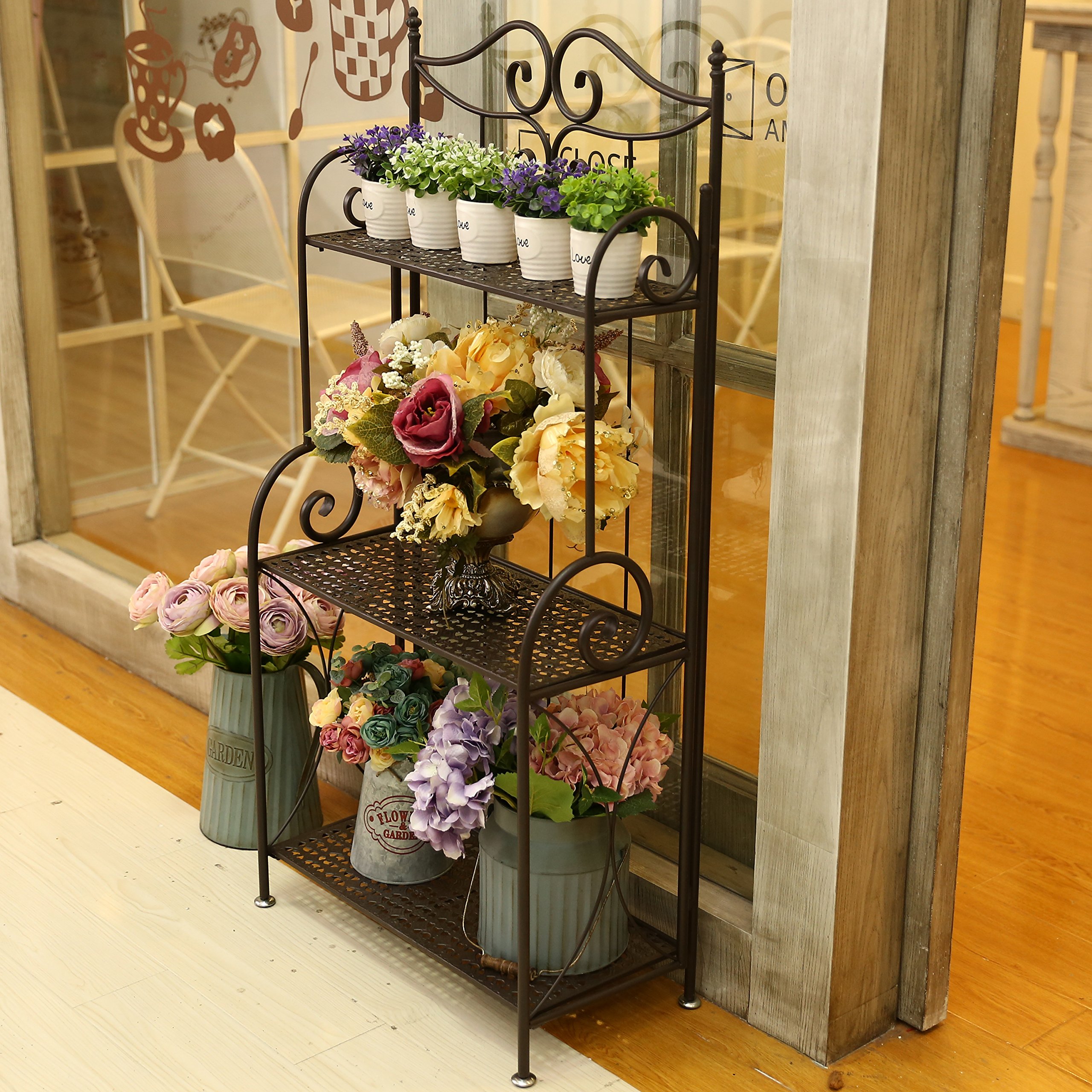 MyGift 45 Inch Freestanding 3 Tier Foldable Metal Plant Stand Shelf MyGift 45 Inch Freestanding 3 Tier Foldable Metal Plant Stand Shelf