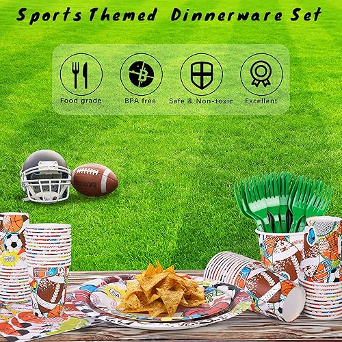 Miniatura 6 de durony Juego de 144 platos de papel y servilletas con temática deportiva, vajilla para fiesta de cumpleaños, platos de papel, servilletas, tenedores