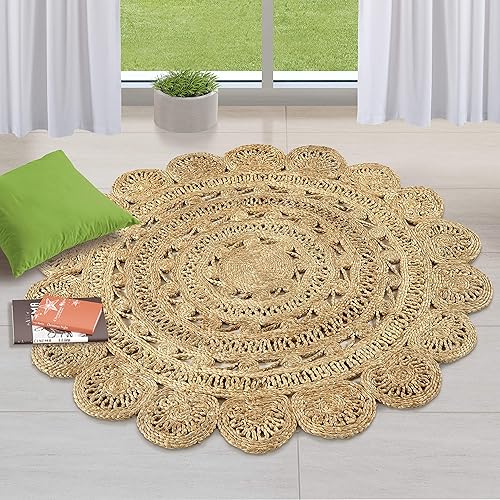 GRUHUM Alfombra tejida a mano de yute de 4 pies, de fibra natural, redonda, hecha a mano, estilo bohemio, rústico, vintage, suave, trenzada,