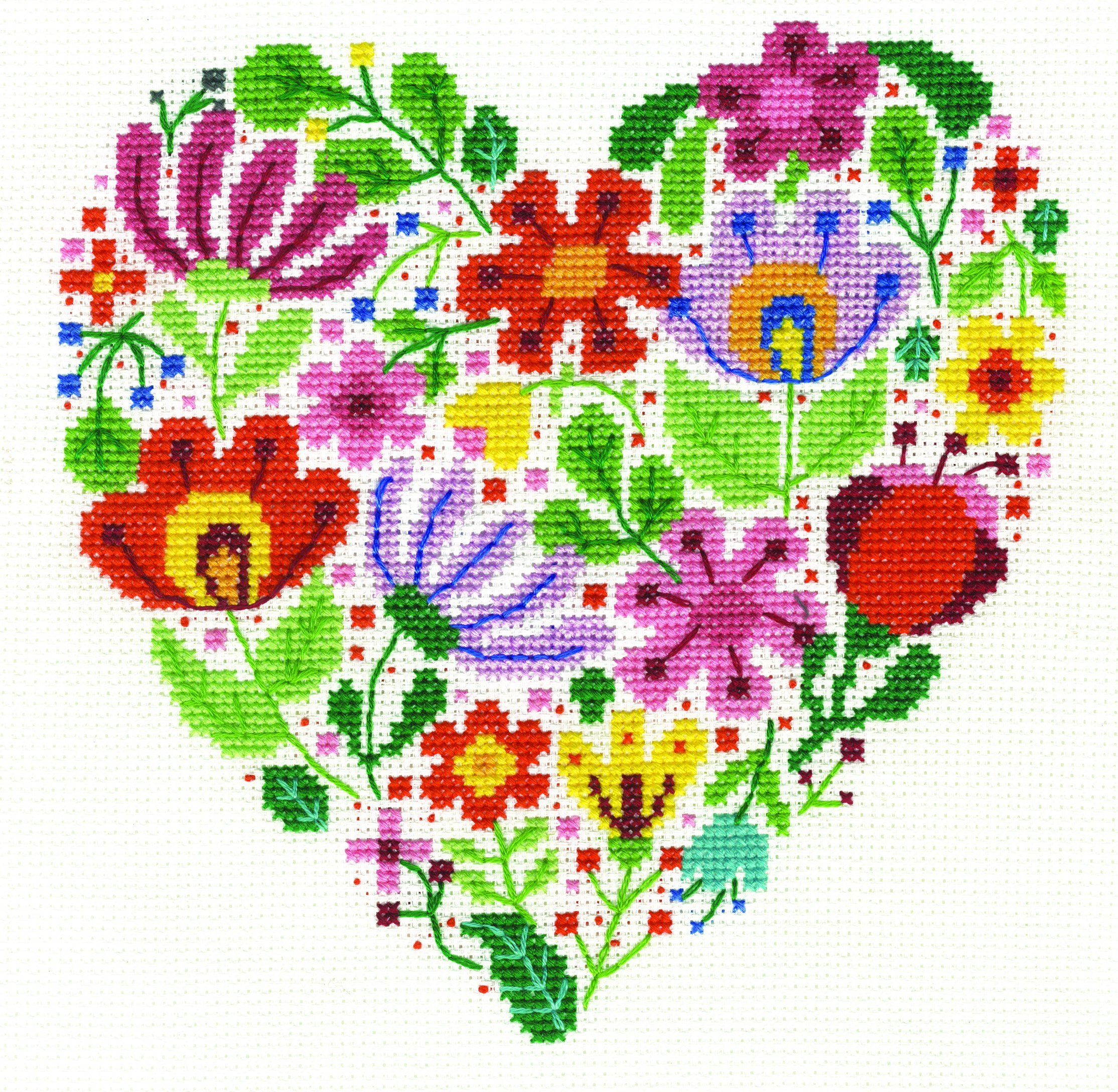 Dmc Various Flower Heart Kit, Includes Embroidery Thread, Needle, Aida Fabric And Instructions