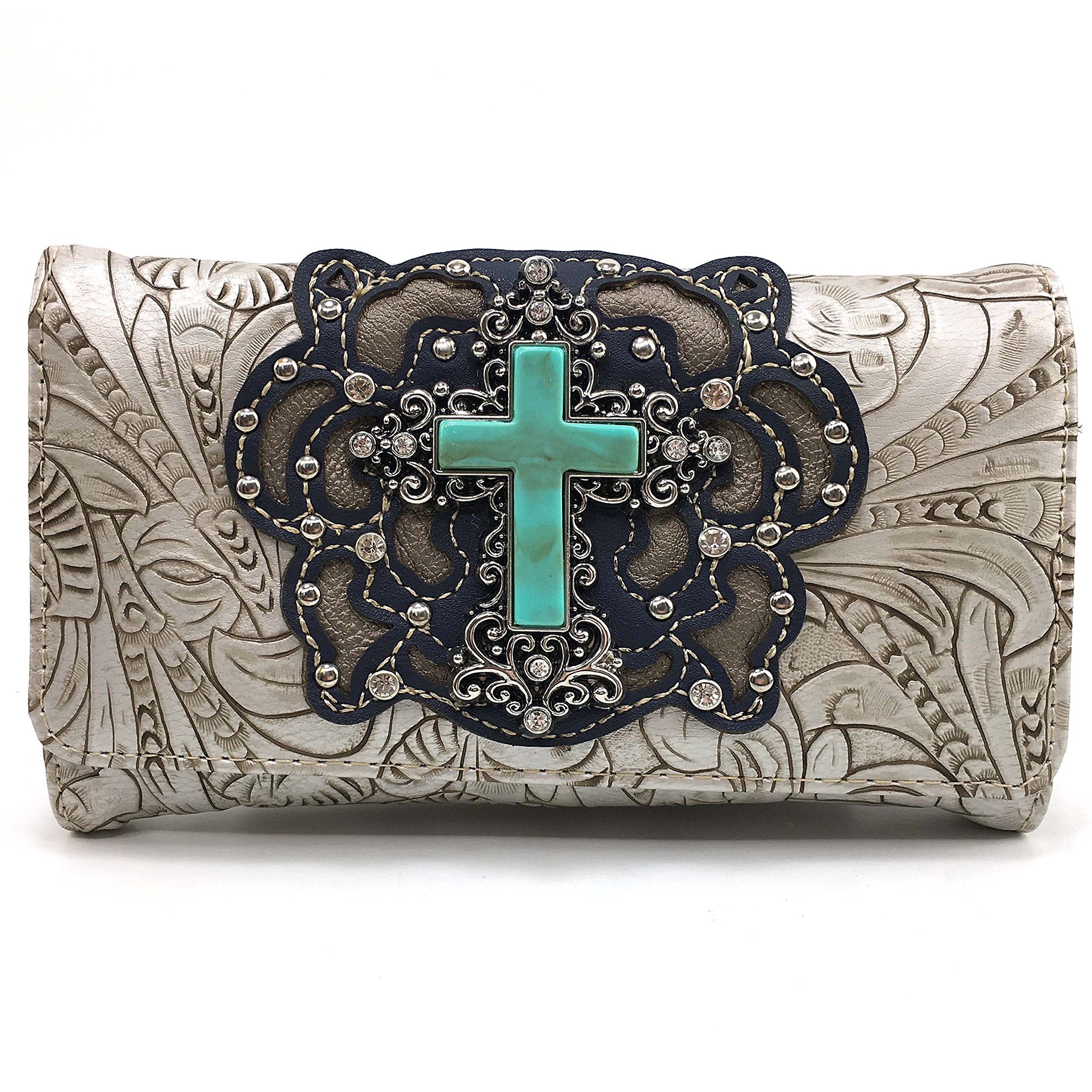 Justin West Tooled Turquoise Stone Cross Rhinestone Laser Cut Shoulder Chain Concealed Carry Handbag Purse Wallet Messenger