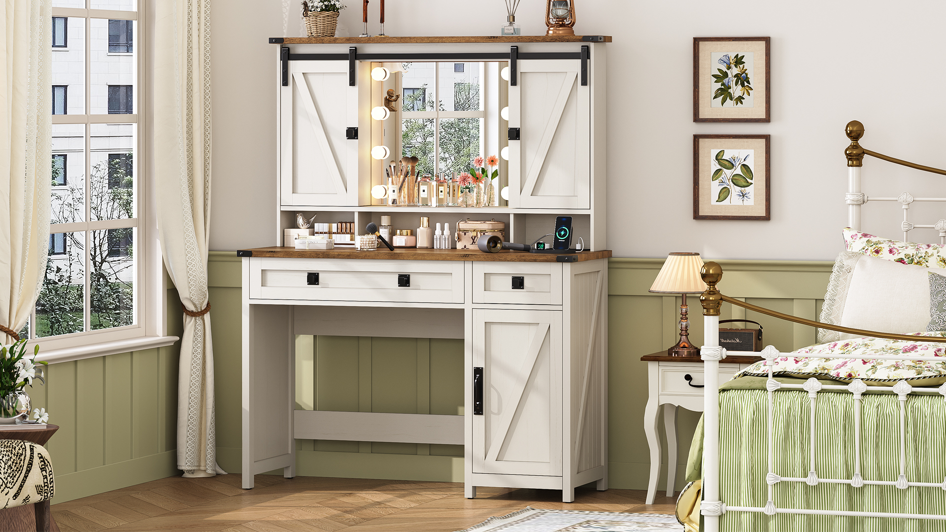 Watch MSmask 41 Inch Sliding Door Farmhouse Vanity Desk on Amazon Live