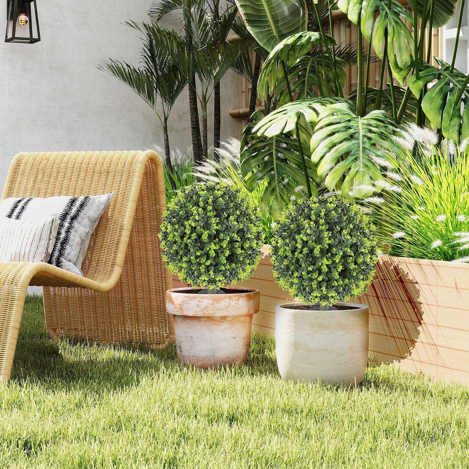 2 Pack 15.7in x 22.1in Natural-Look Eucalyptus Topiary Balls with UV-Resistant PE Leaves and Solid Aluminum Ground Stake, All-Season Greenery Set