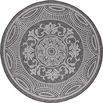 Beverly Rug Waikiki Boho Indoor Outdoor Rug 6'7" Round, Washable Outside Carpet for Patio, Deck, Porch, Circle Medallion Area Rug, Water Resistant, Dark Grey - Light Grey