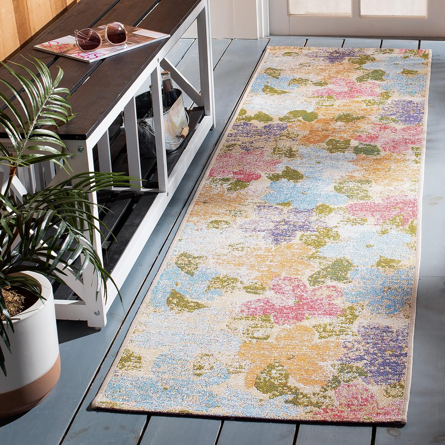 SAFAVIEH Washable Rug Outdoor Summer Collection - 6'7" Square, Blue & Pink, Non-Shedding & Easy to Clean, Ideal for Patio, Backyard, Mudroom (SMR410M)