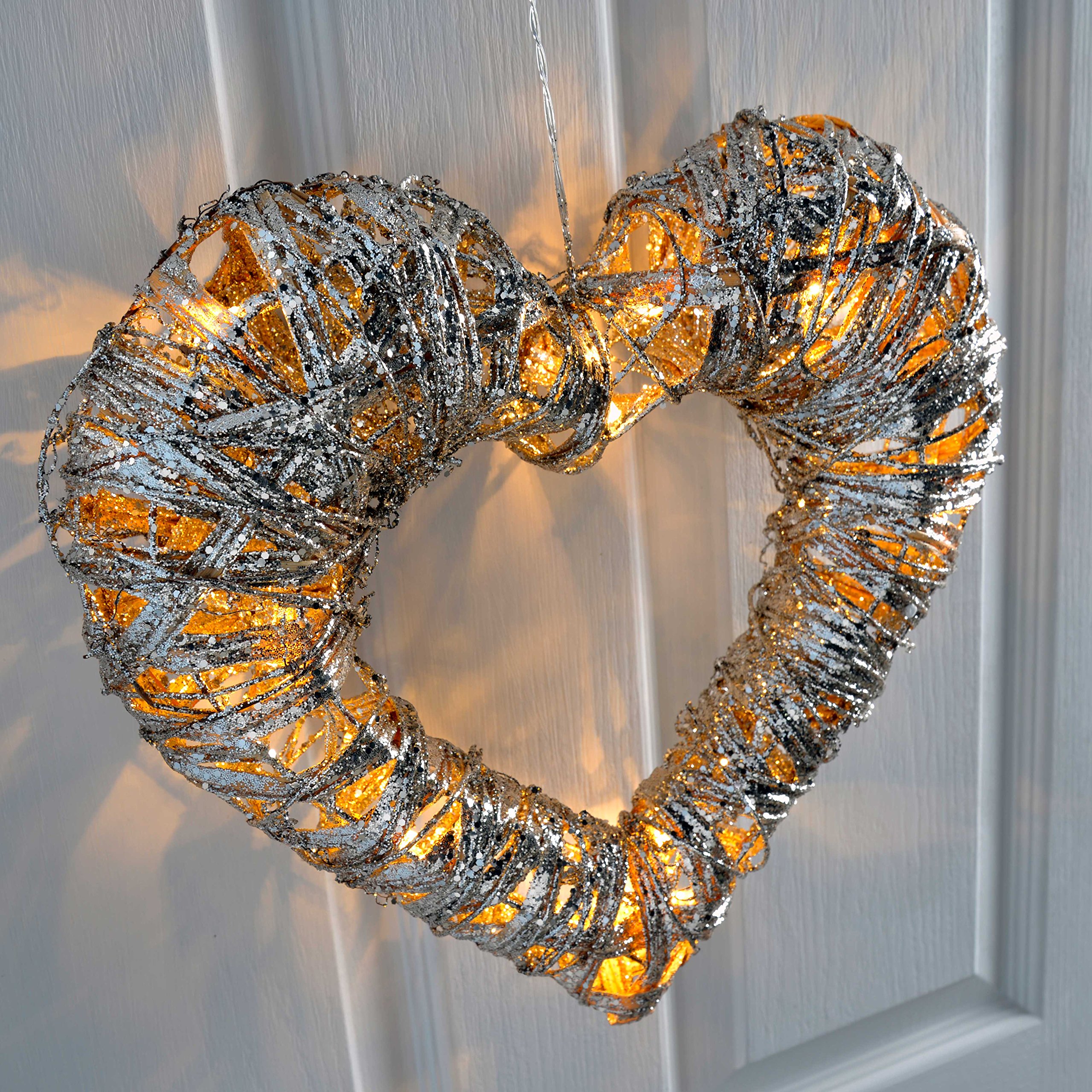 WeRChristmas Pre-Lit Silver Woven Rattan Warm White LED Heart Decoration with Dusting of Glitter, 38 cm - Multi-Colour - Image 4