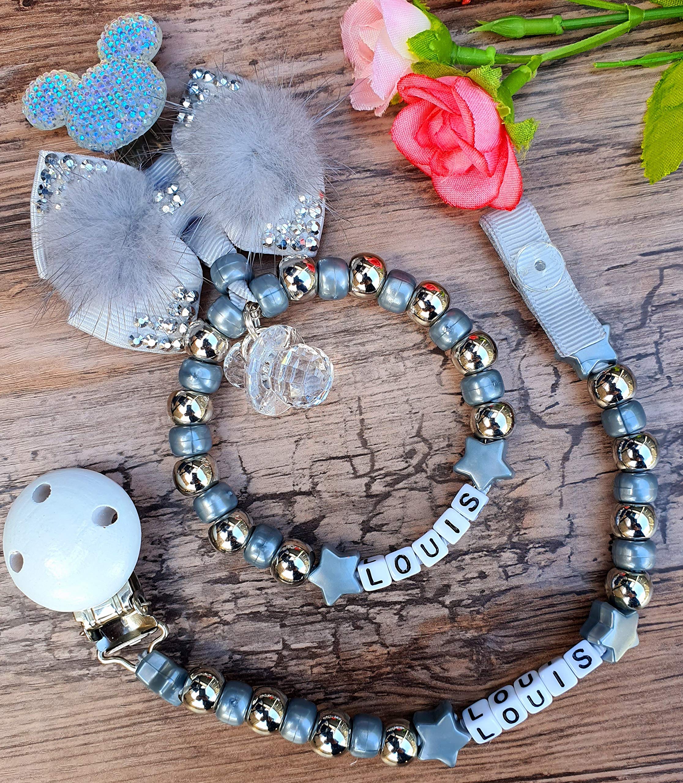 Personalised set of two dummy clip & pram charm keepsake gift