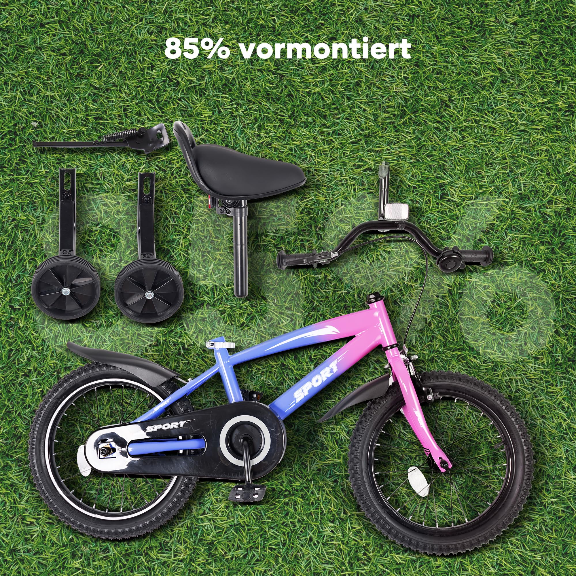 BODIOO Bicicletta per bambini da 16 pollici, per ragazzi e ragazze, con sedile regolabile, ruote di supporto, freno a mano, freno a contropedale e telaio robusto per conducenti da 104 a 117 cm (colore