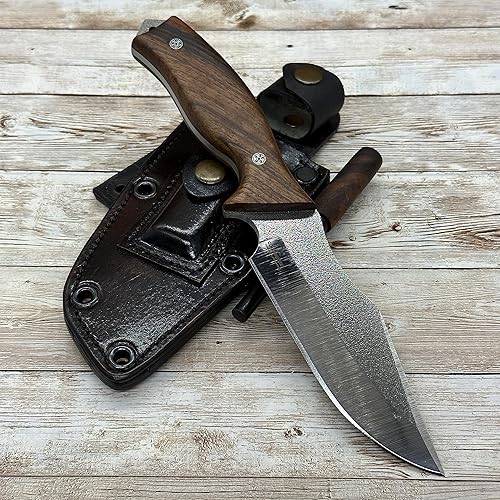 Miniatura 6 de Cuchillo de caza de hoja fija hecho a mano, cuchillo táctico de hoja N690 con funda de cuero y arrancador de fuego de magnesio, cuchillo táctico de