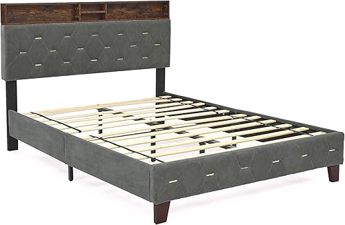 Miniatura 10 de Livavege Base de cama Queen, cabecera de almacenamiento con estación de carga, marcos de cama de plataforma de metal tamaño Queen con gran espacio