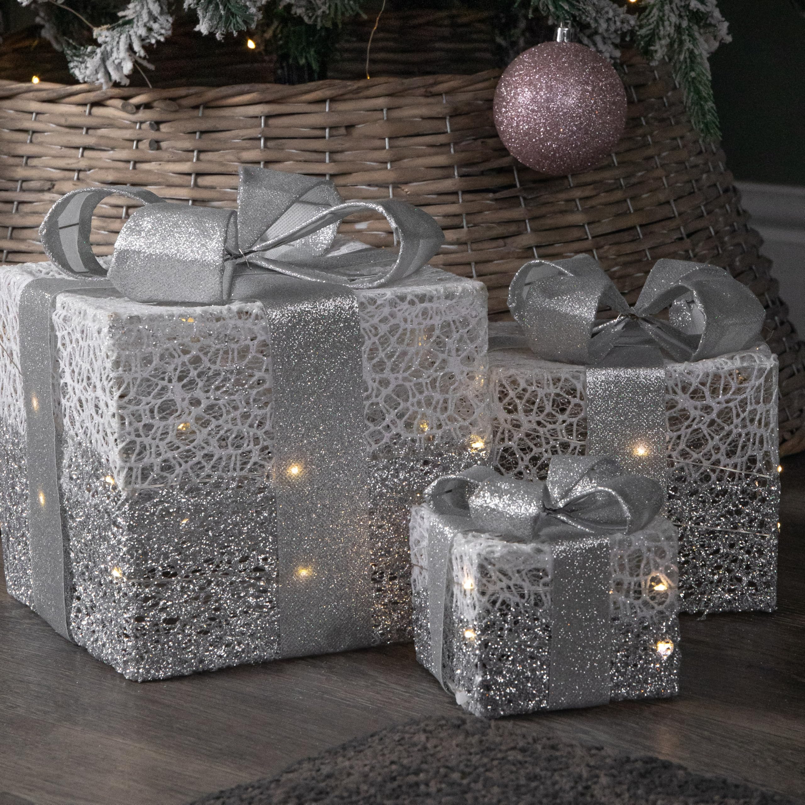 Samuel ALEXANDER Set of 3 Battery Operated Silver Sparkly Boxes with LEDs