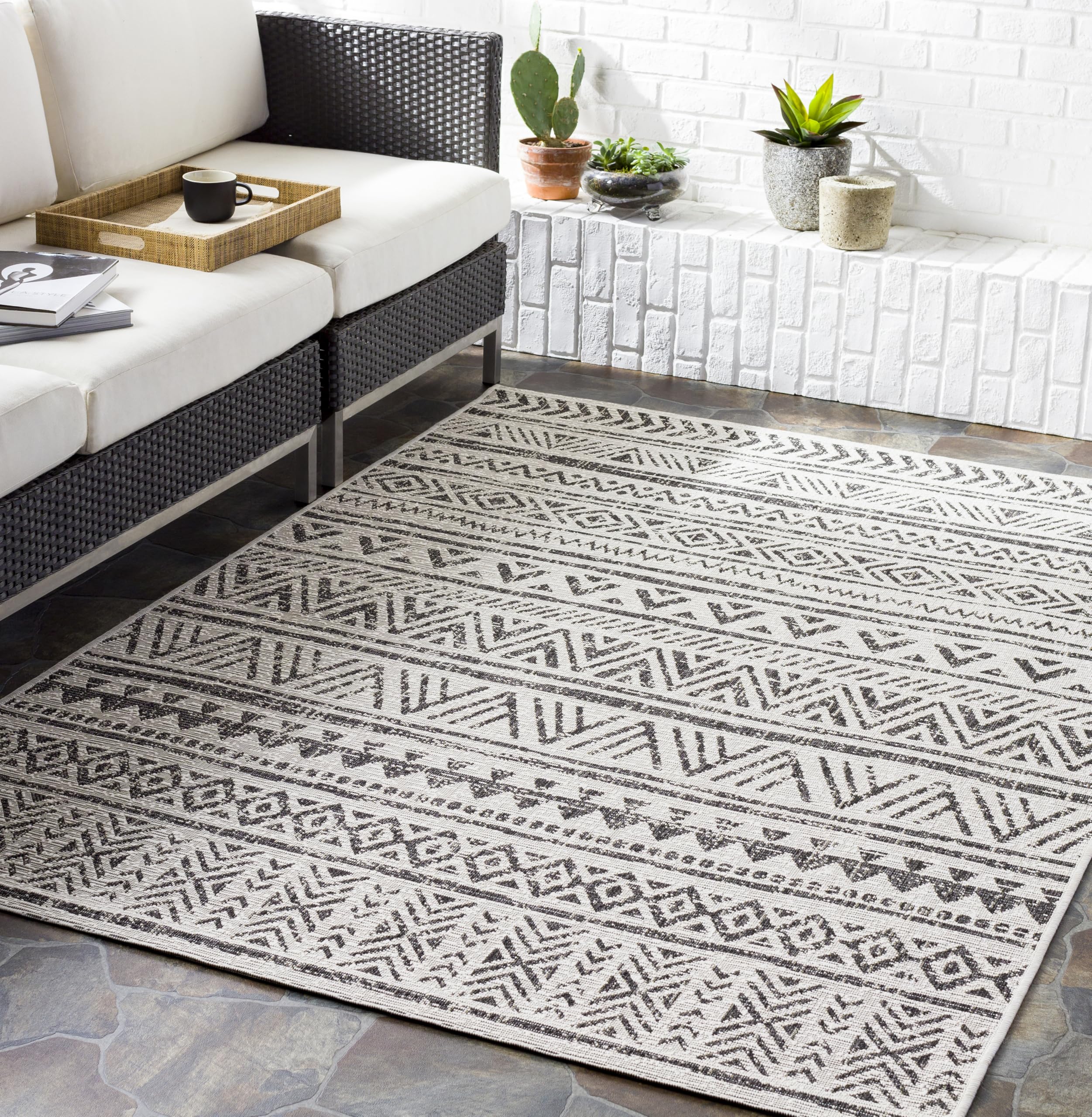 Livabliss Titi Geometric Indoor Outdoor Design – Bari 160x230 cm, Patio Deck Use, Boho Colourful Pattern, UV Weather Resistant, Stain Durable, Black Cream