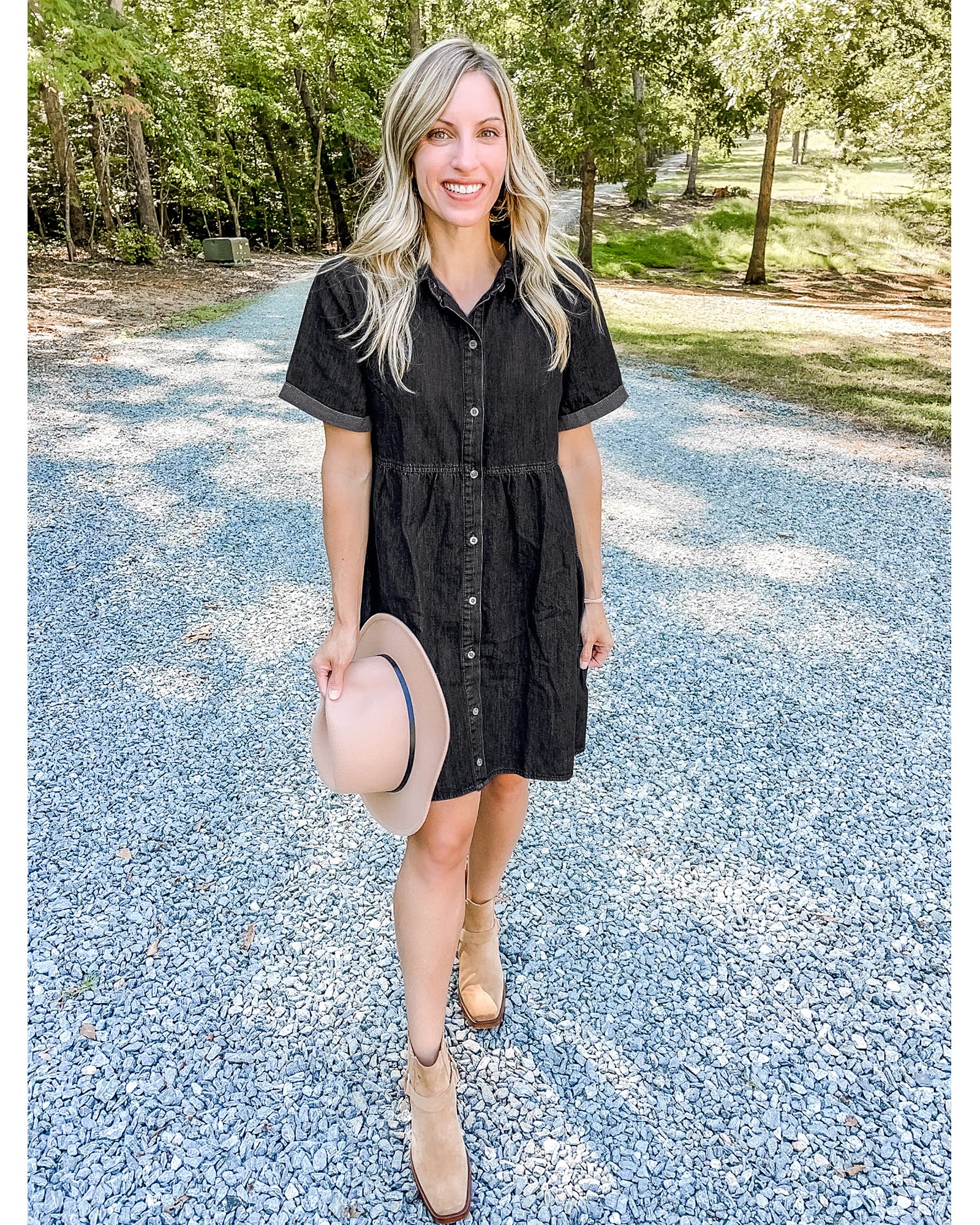 LookbookStore Women's Short Sleeve Button Down Flowy Tiered Babydoll Denim Dress