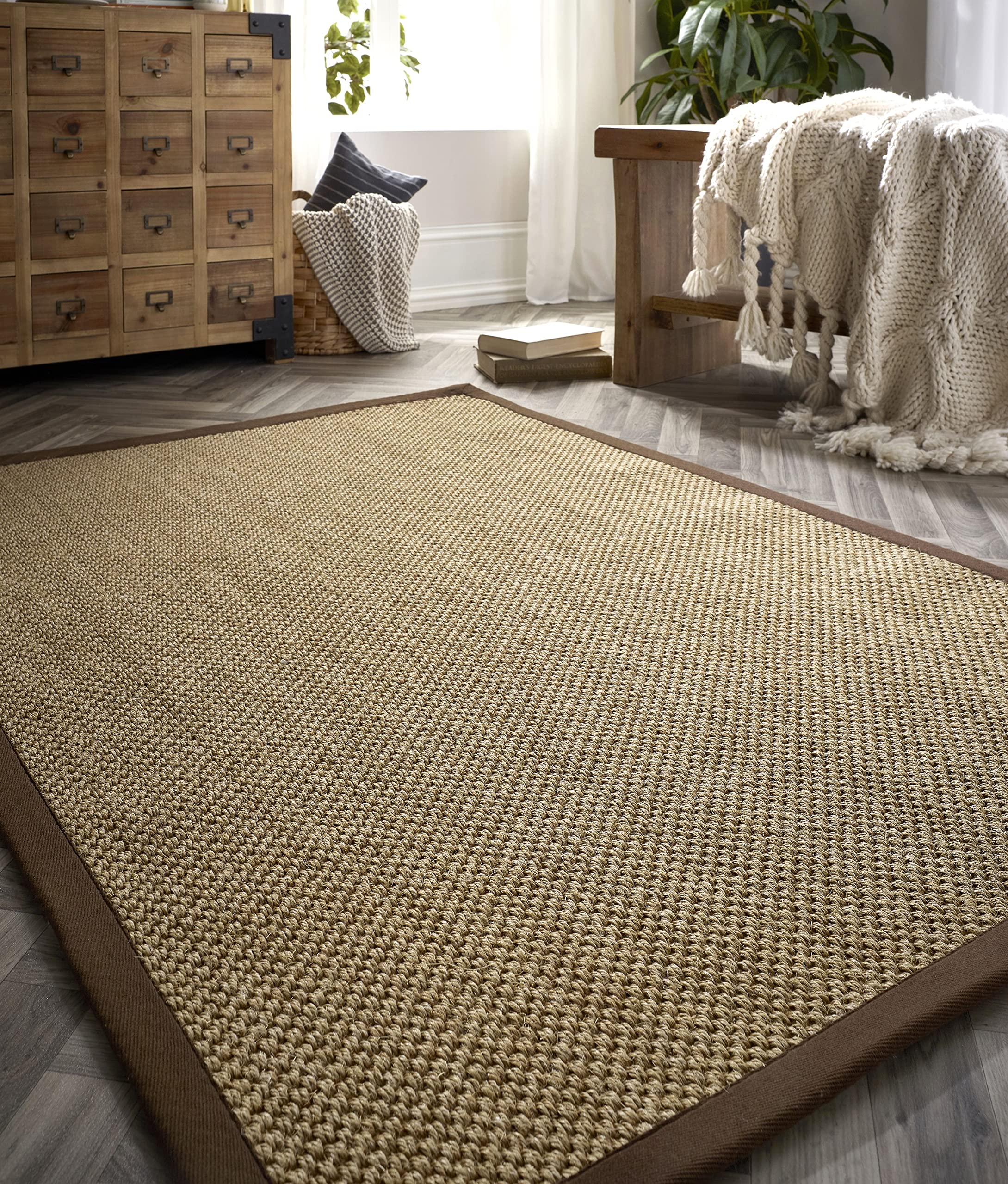 Sisal Area Rug with Hand Stitched Border, Non-Slip Durable Natural Modern Bordered Carpet for Living Room, Hallway Flatweave Rug Warm Natural / Dark Brown Border, Small 80 x 150 cm (2'6"x5')