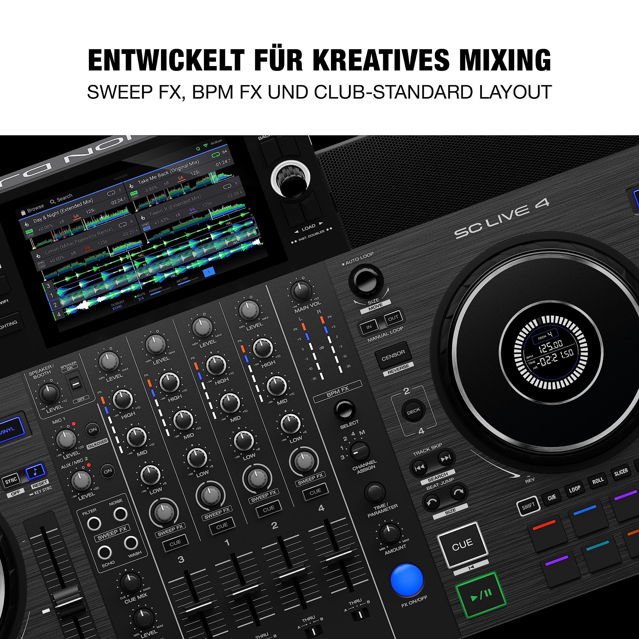 Denon DJ SC LIVE 4 und 2x Alto Professional TS410 - Standalone DJ-Controller, 4-Kanal Mixer, WLAN, Lautsprecher und 2x 2000W 10" Aktiver PA-Lautsprecher mit 3- Kanal Mixer, Bluetooth-Streaming und DSP
